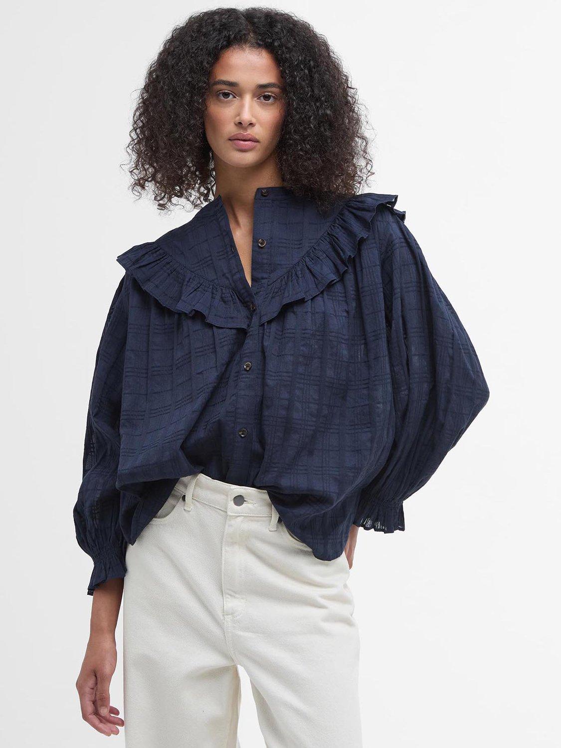 Product image 1 of 7, which shows Barbour Fearne Check Ruffle Shirt, Navy, 10