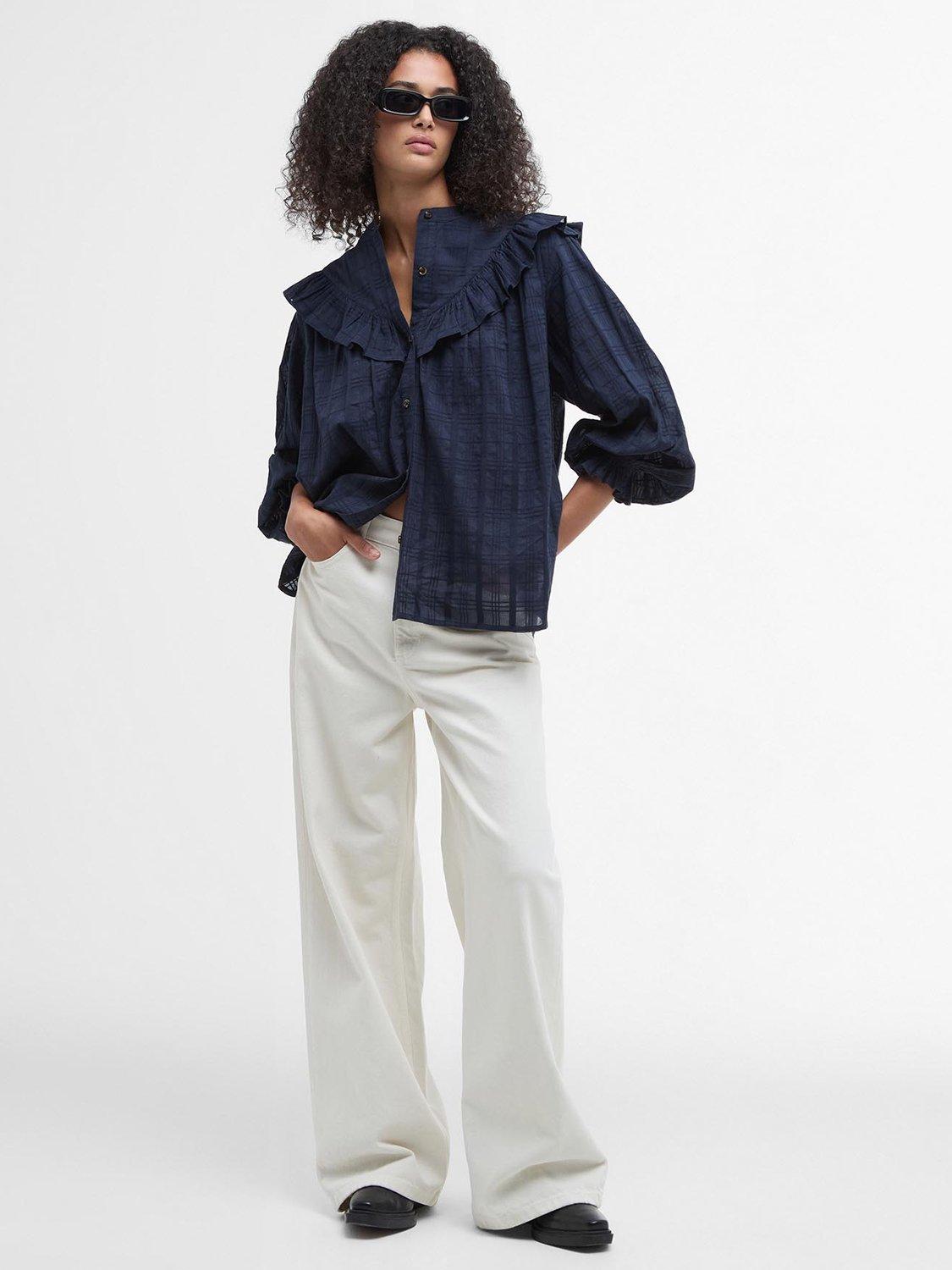 Product image 3 of 7, which shows Barbour Fearne Check Ruffle Shirt, Navy, 10