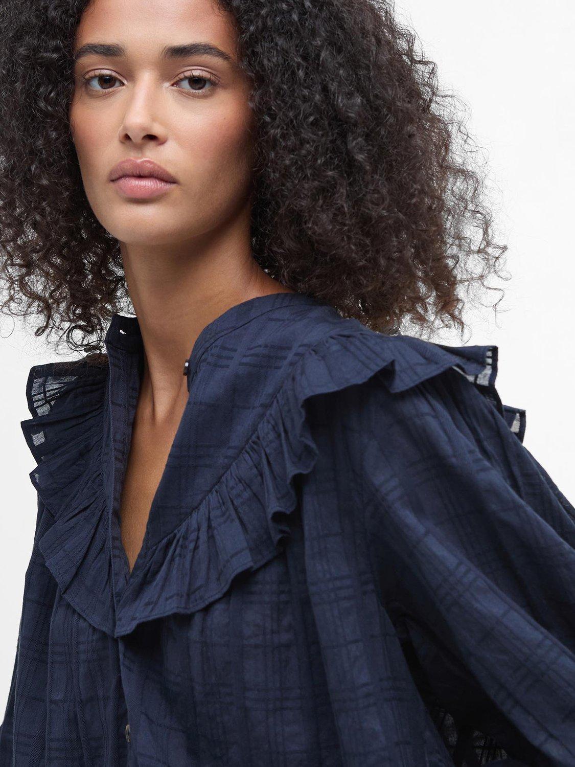 Product image 5 of 7, which shows Barbour Fearne Check Ruffle Shirt, Navy, 10