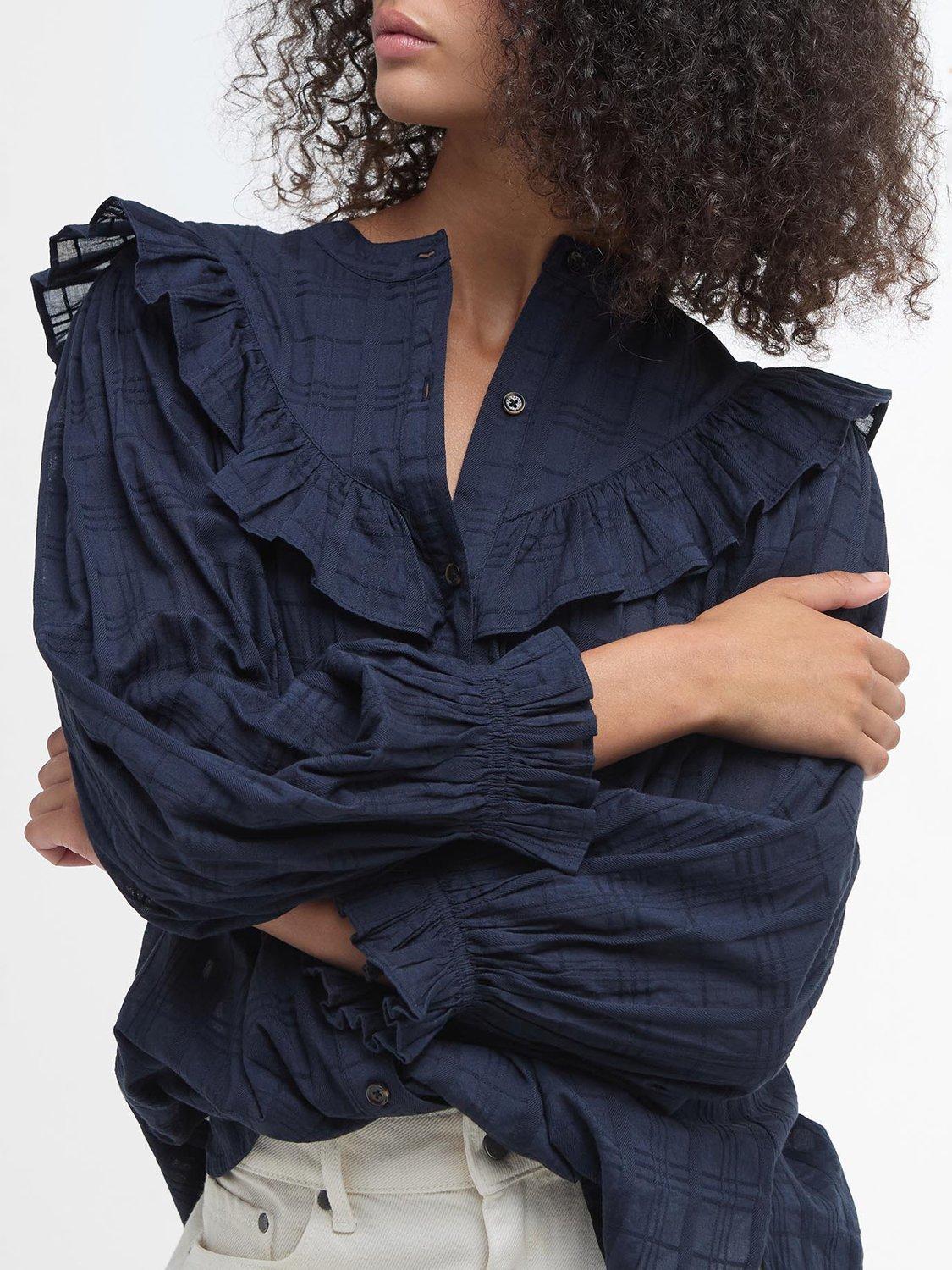 Product image 6 of 7, which shows Barbour Fearne Check Ruffle Shirt, Navy, 10