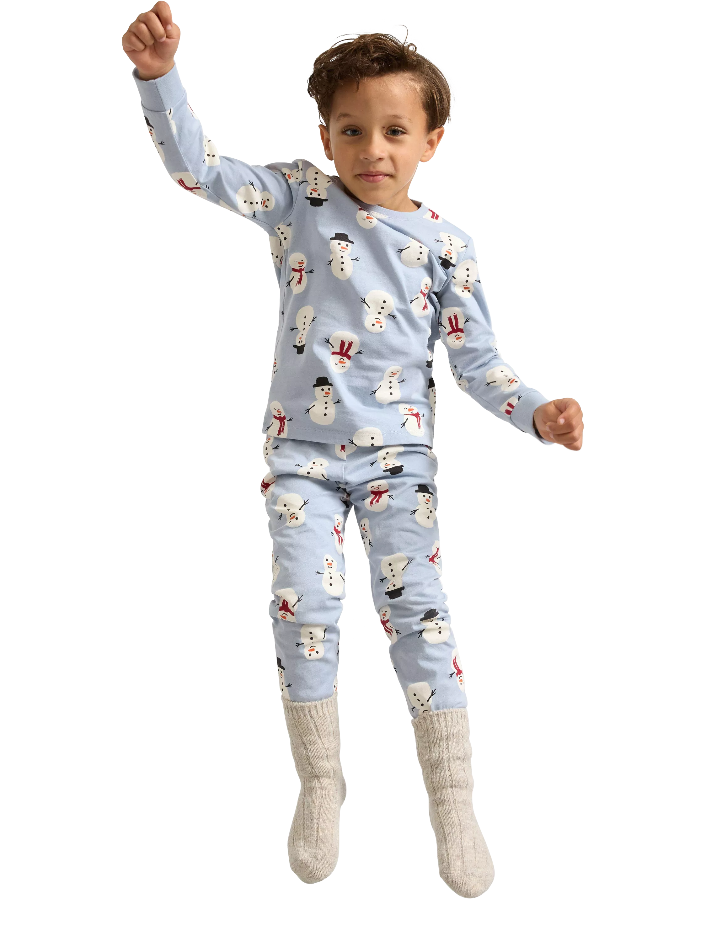 Lindex Kids' Cotton Snowman Print Pyjama Set, Light Dusty Blue