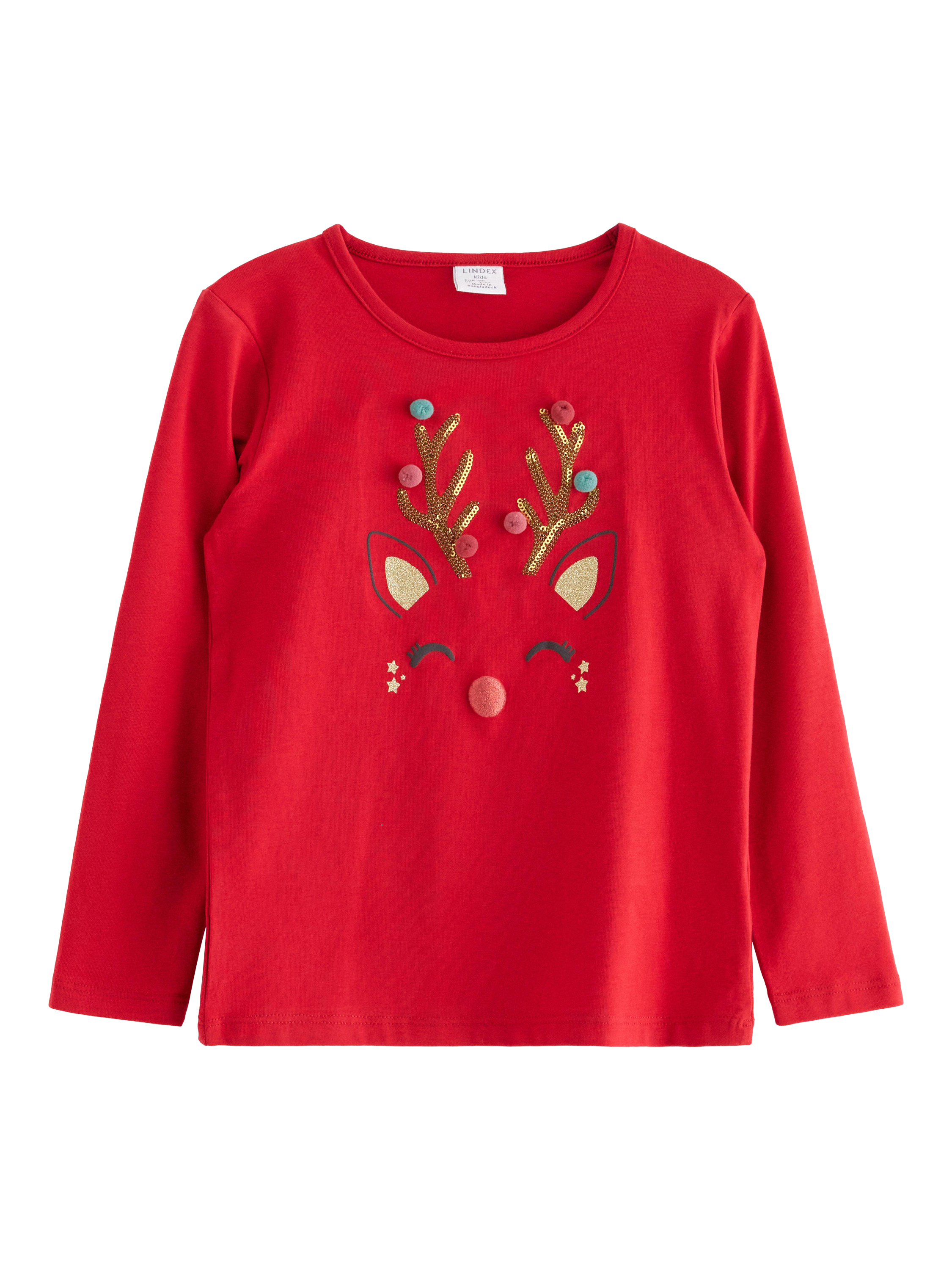 Lindex Kids' Festive Reindeer Long Sleeve Top, Dark Red