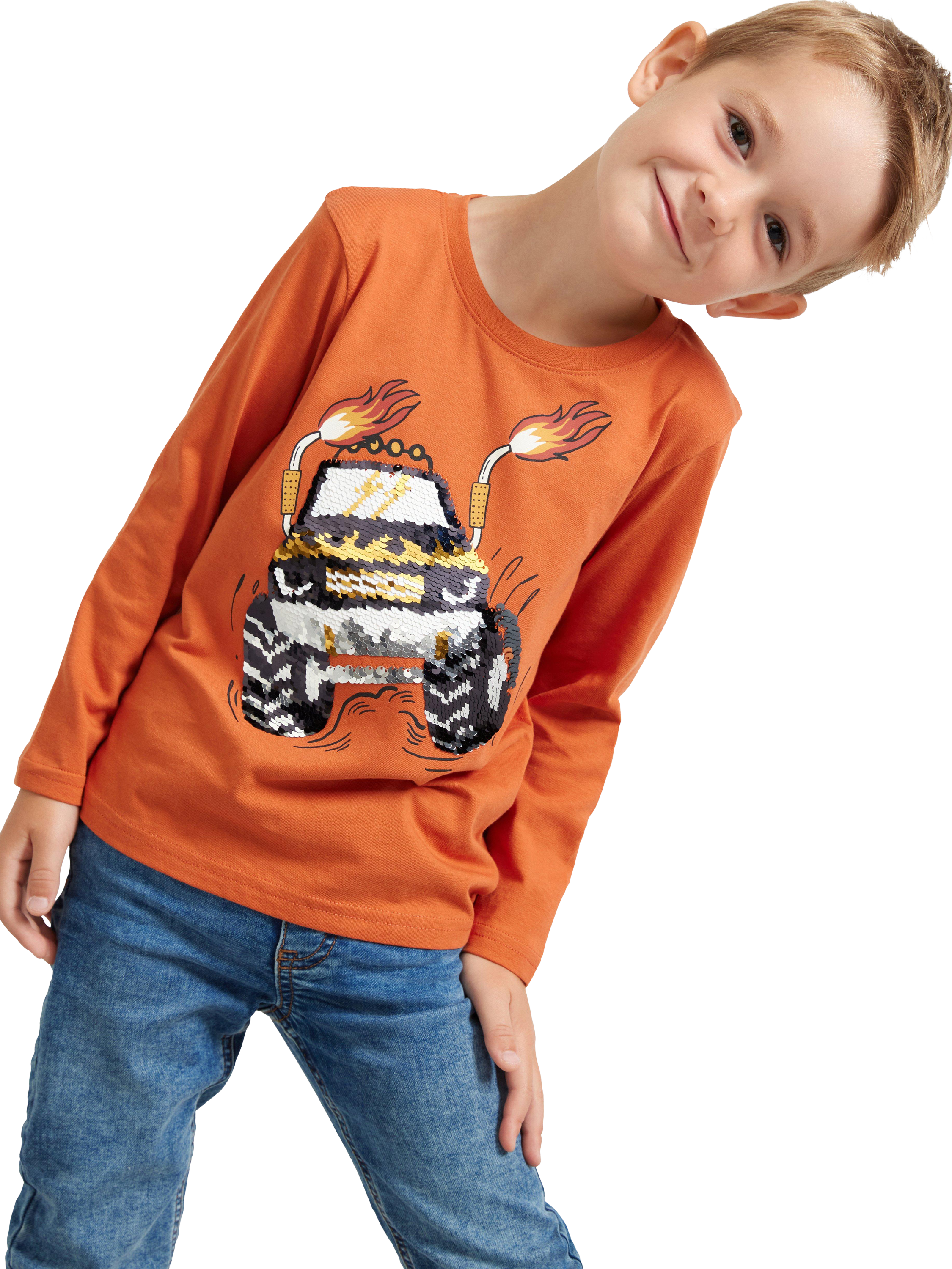 Lindex Kids' Cotton Sequin Truck Long Sleeve T-Shirt, Dusty Orange