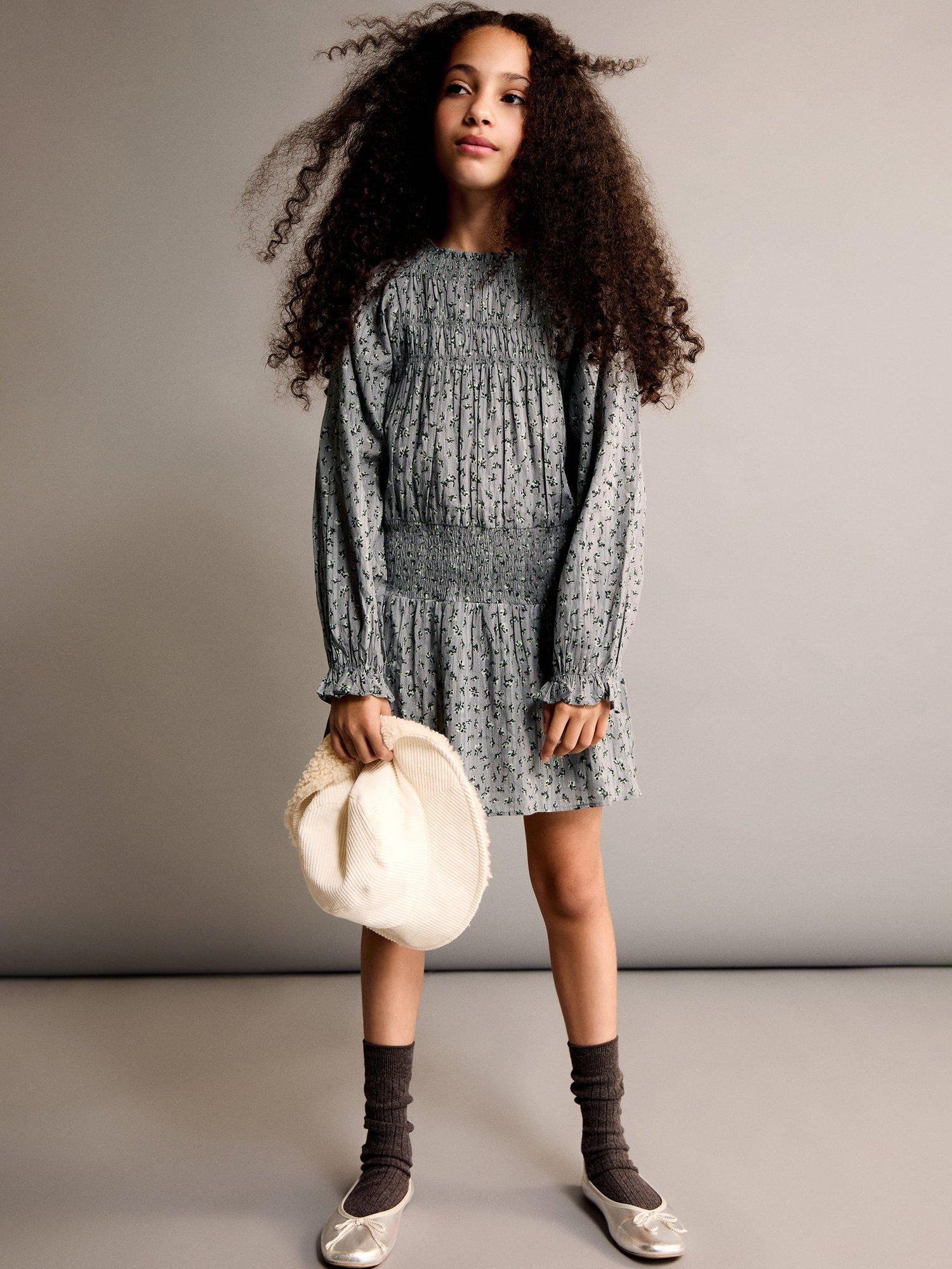 Mango Kids' Siurana Floral Print Smock Dress, Grey
