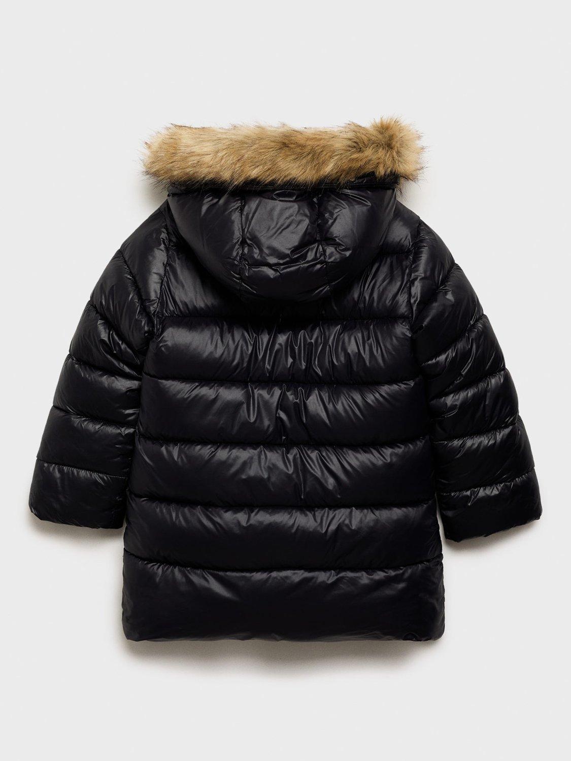 Product image 4 of 7, which shows Mango Kids' Cinia Faux Fur Trim Hooded Quilted Jacket, Black, 7 years