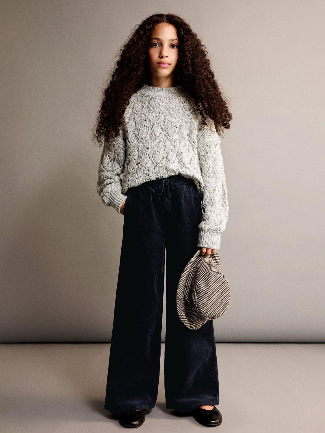 Product image 1 of 5, which shows Mango Kids' Mafalda Wide Leg Cord Trousers, Navy, 7-8 years