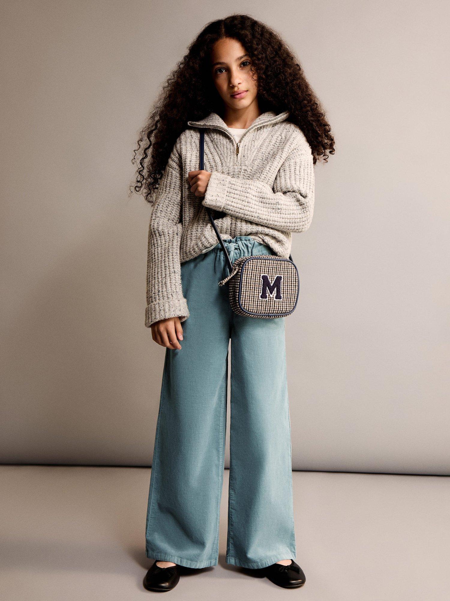 Product image 1 of 5, which shows Mango Kids' Mafalda Wide Leg Cord Trousers, Green, 7-8 years
