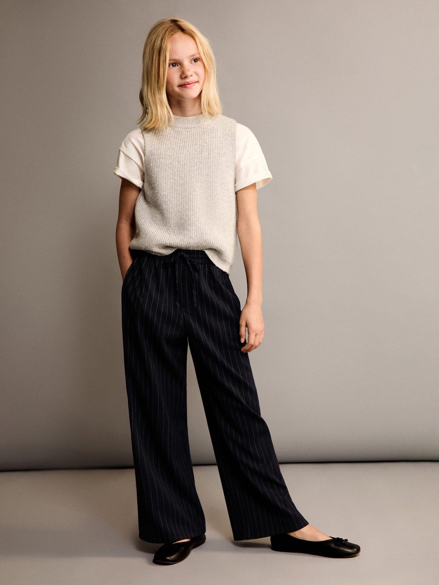 Product image 1 of 5, which shows Mango Kids' Rania Stripe Wide Leg Trousers, Navy, 7-8 years