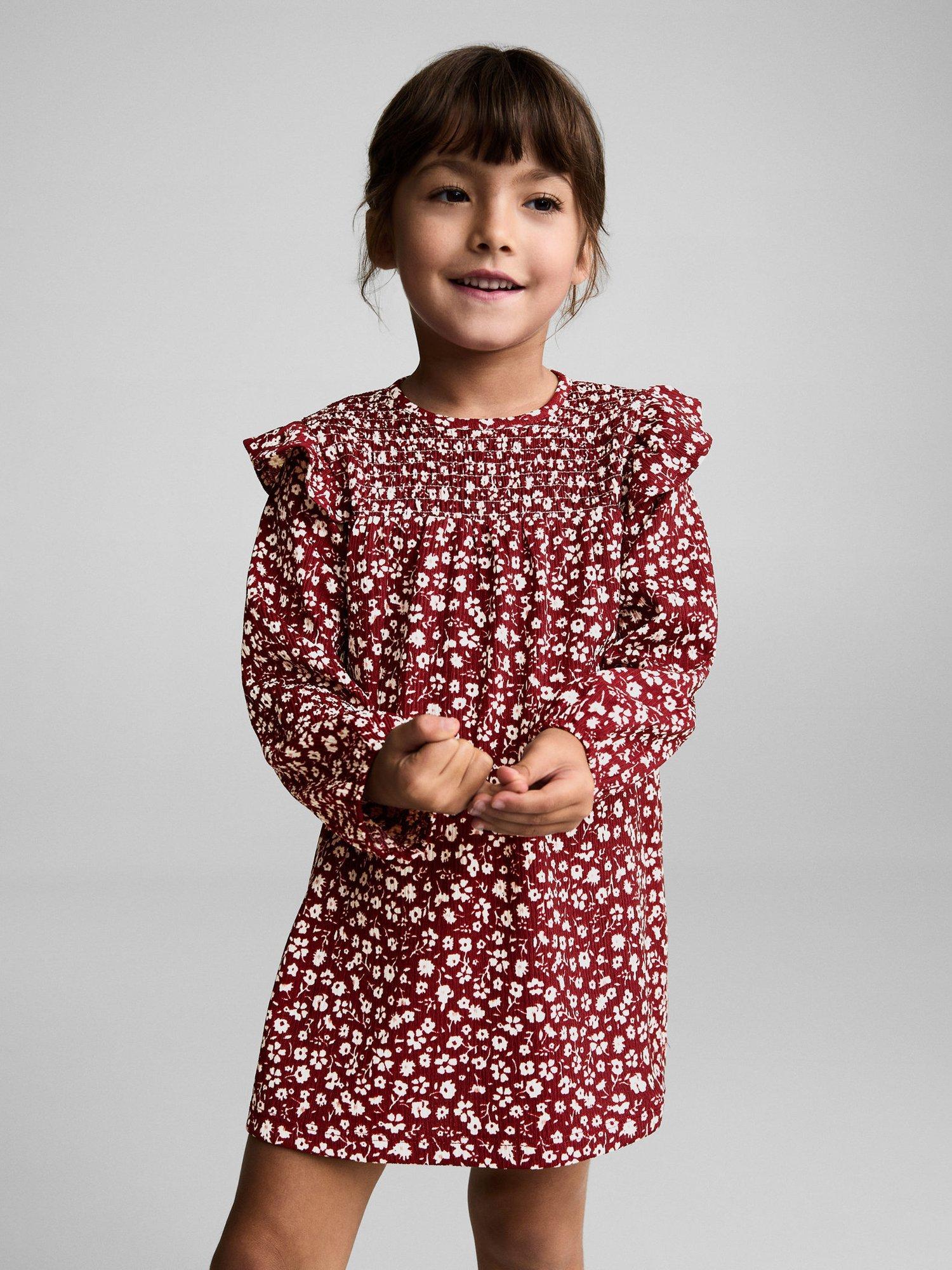 Mango Kids' Lucia Floral Long Sleeve Dress, Dark Red