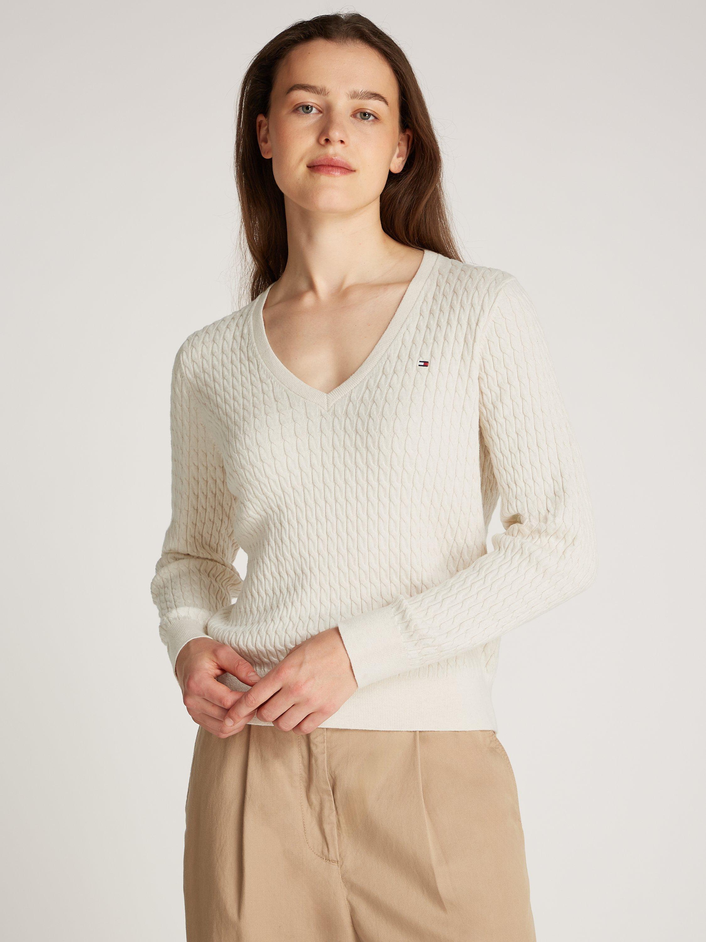 Product image 1 of 6, which shows Tommy Hilfiger Cable V-Neck Pure Organic Cotton Jumper, Heather Ivory Petal, L