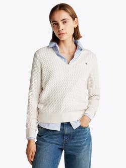 Tommy Hilfiger Cable V-Neck Pure Organic Cotton Jumper, Heather Ivory Petal, Heather Ivory Petal