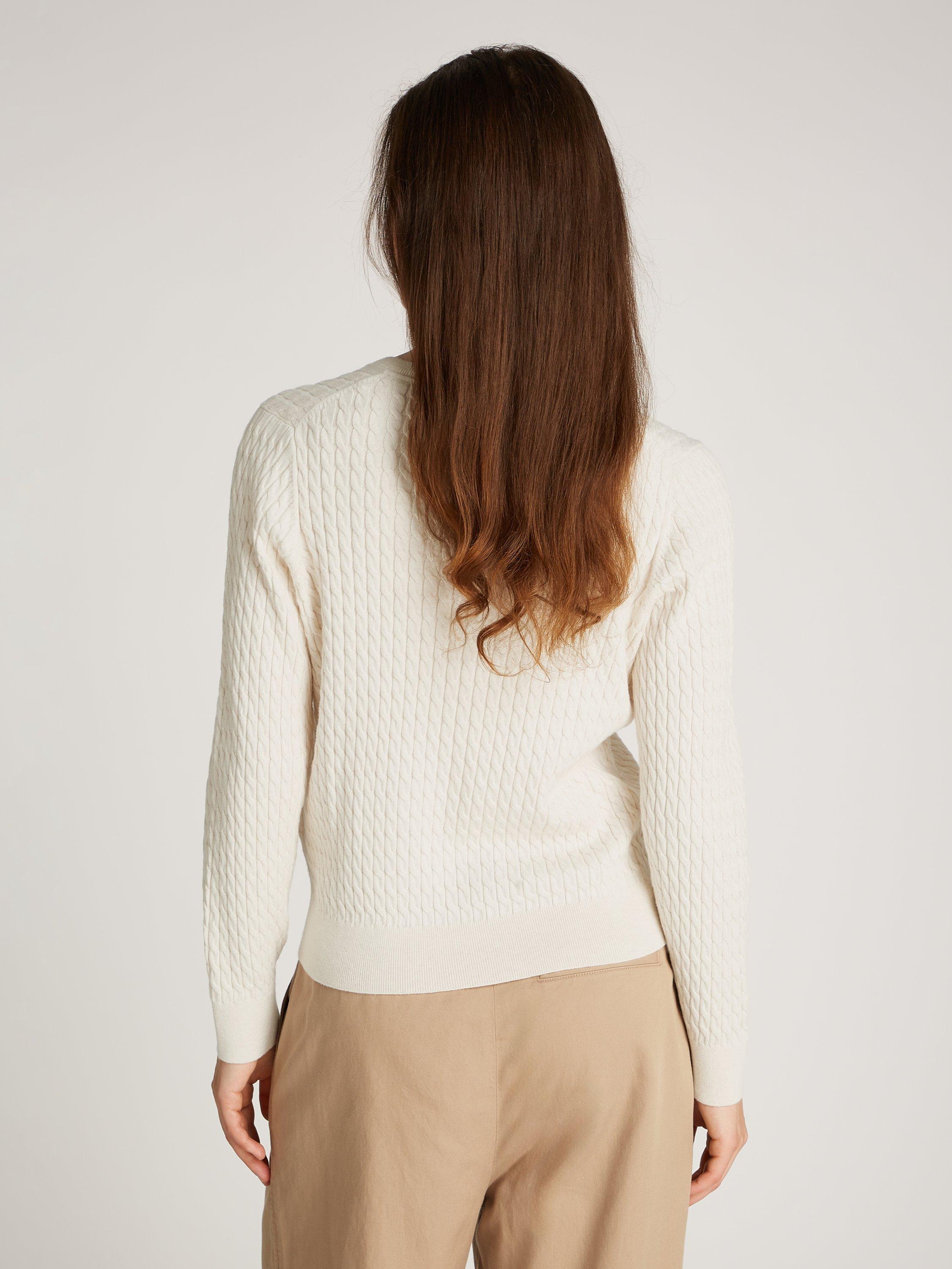 Product image 2 of 6, which shows Tommy Hilfiger Cable V-Neck Pure Organic Cotton Jumper, Heather Ivory Petal, L