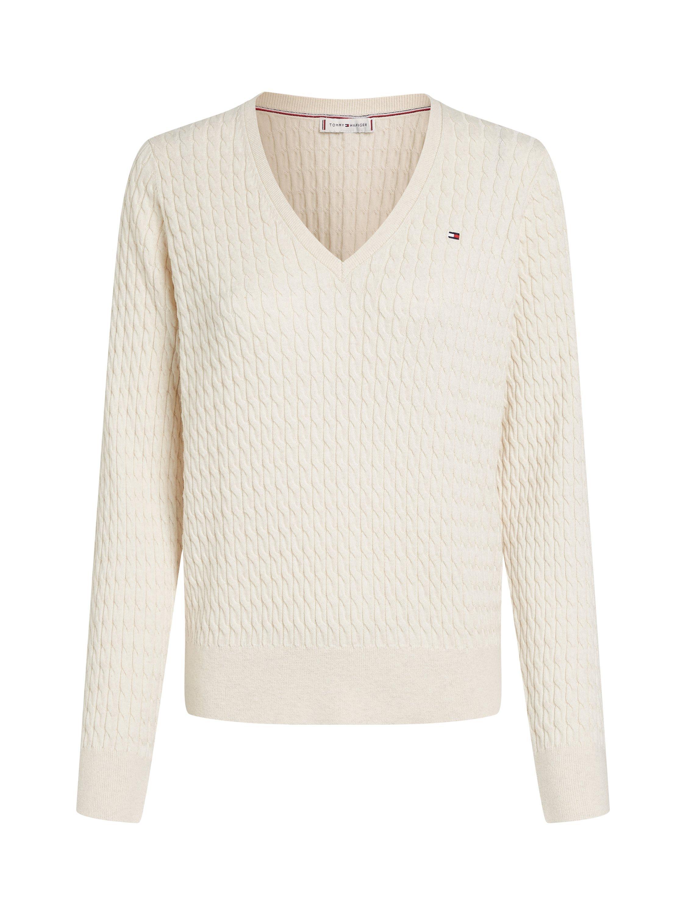 Product image 4 of 6, which shows Tommy Hilfiger Cable V-Neck Pure Organic Cotton Jumper, Heather Ivory Petal, L