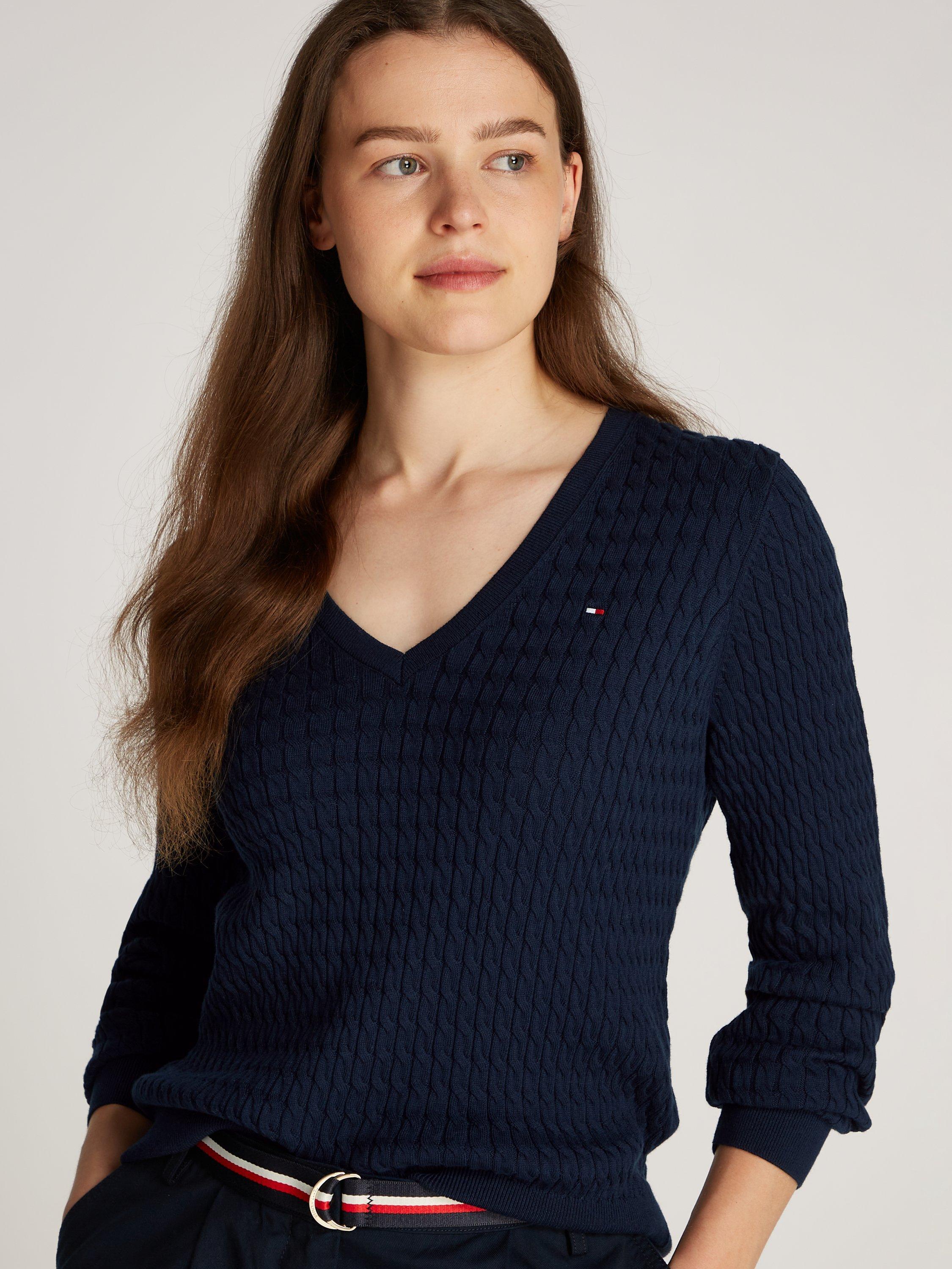 Product image 3 of 6, which shows Tommy Hilfiger Cable V-Neck Pure Organic Cotton Jumper, Dark Night Navy, XS