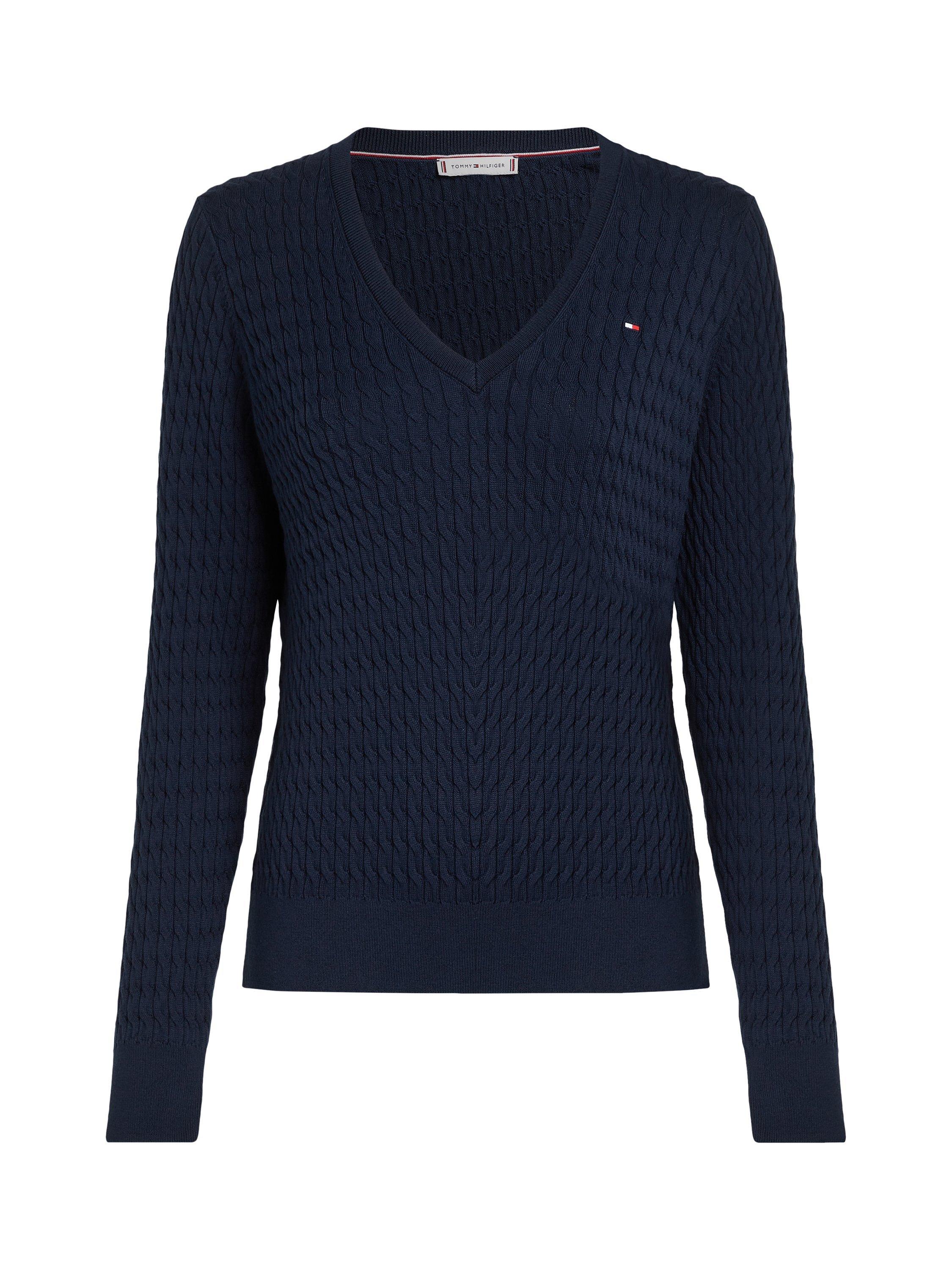 Product image 4 of 6, which shows Tommy Hilfiger Cable V-Neck Pure Organic Cotton Jumper, Dark Night Navy, XS