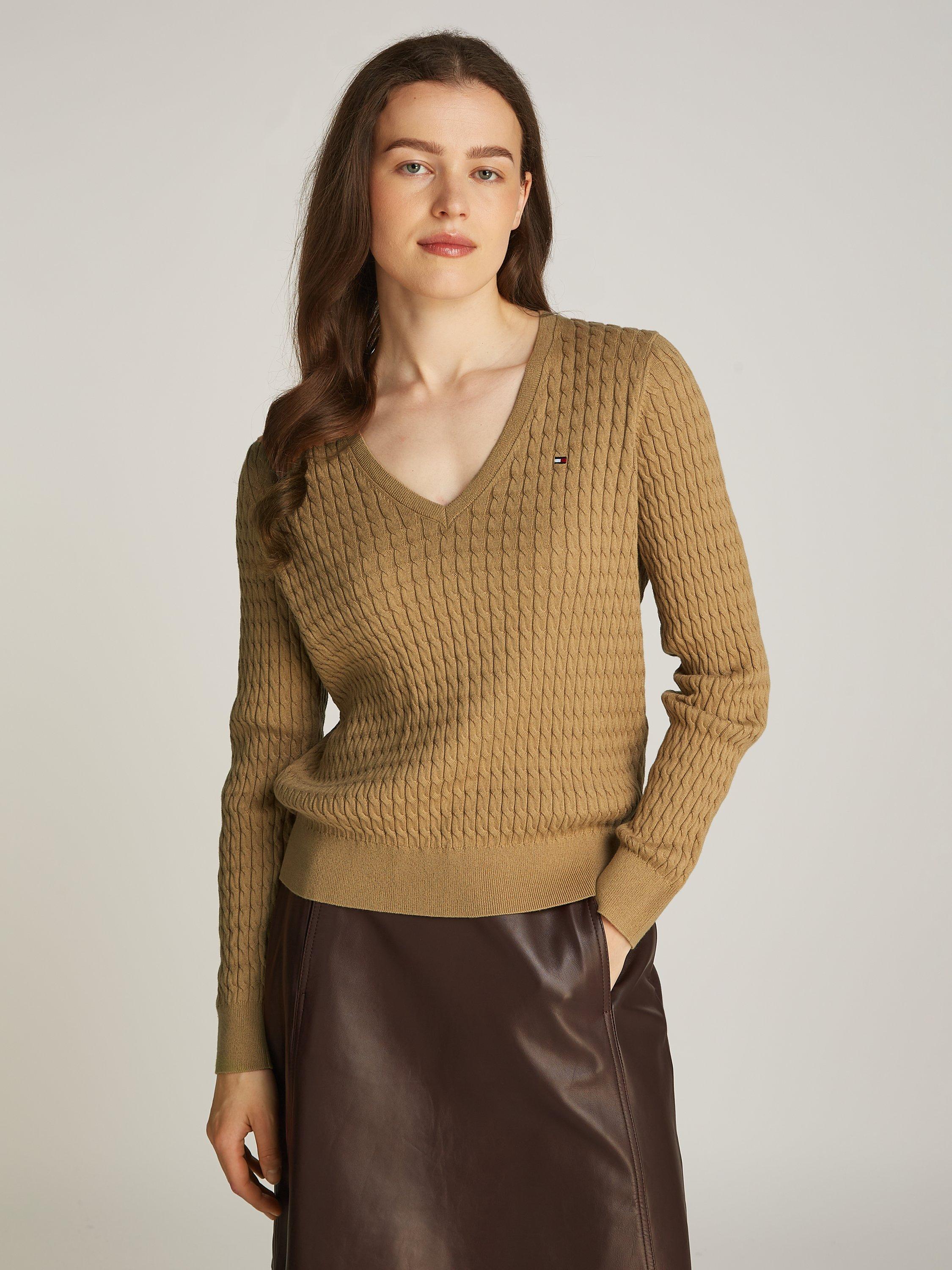 Product image 1 of 6, which shows Tommy Hilfiger Cable V-Neck Pure Organic Cotton Jumper, Safari Canvas, S