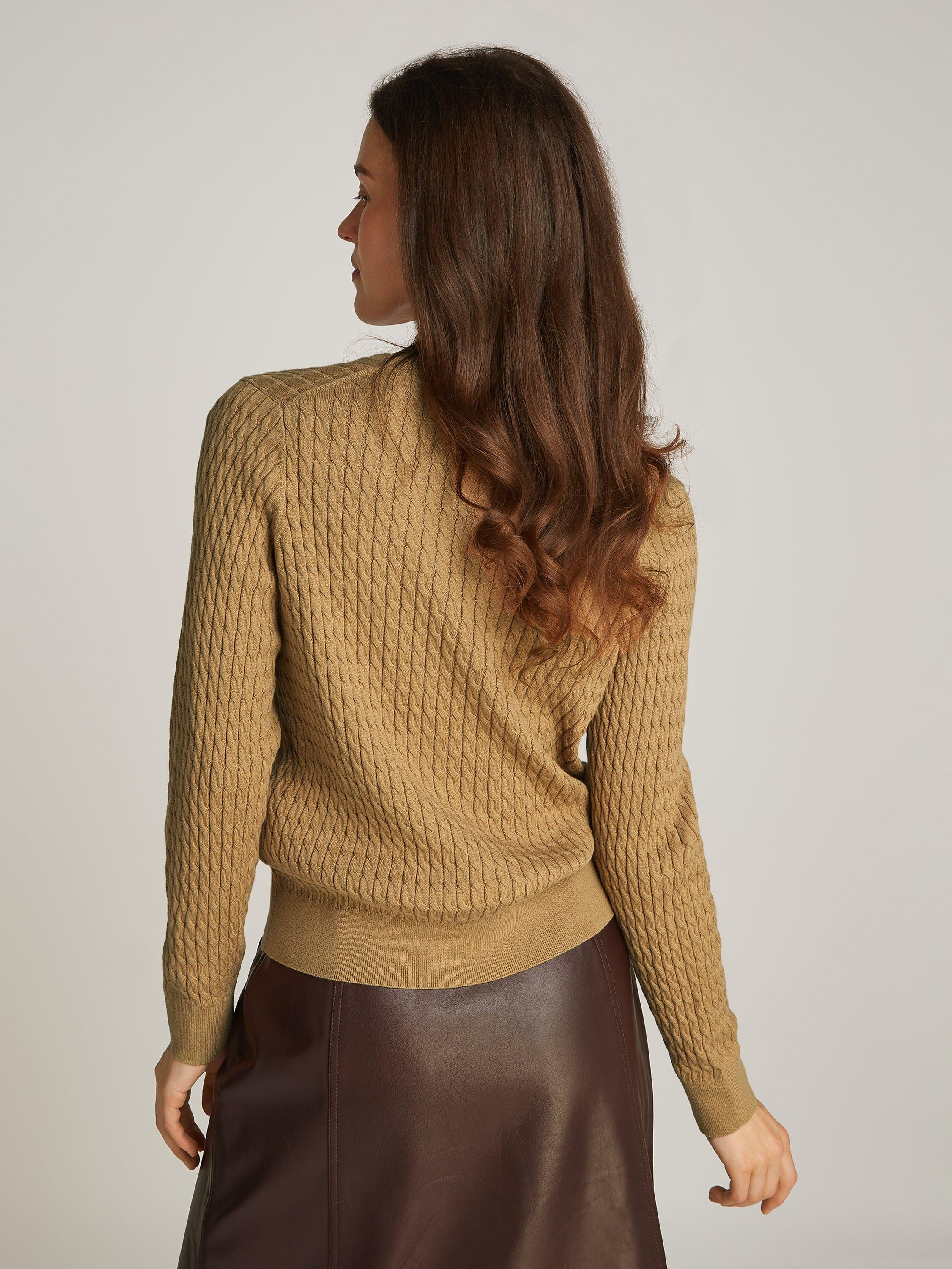 Product image 2 of 6, which shows Tommy Hilfiger Cable V-Neck Pure Organic Cotton Jumper, Safari Canvas, S