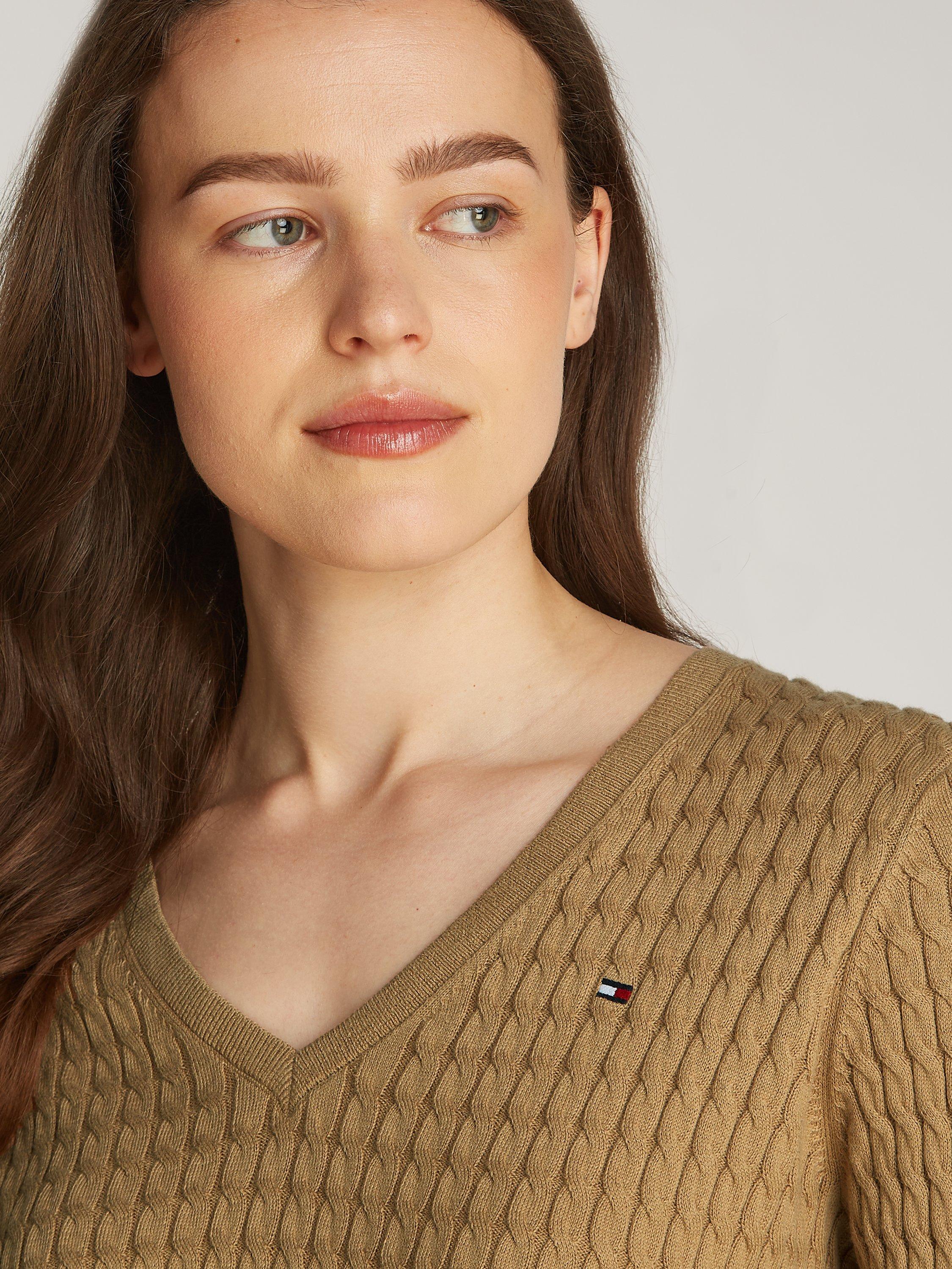 Product image 3 of 6, which shows Tommy Hilfiger Cable V-Neck Pure Organic Cotton Jumper, Safari Canvas, S