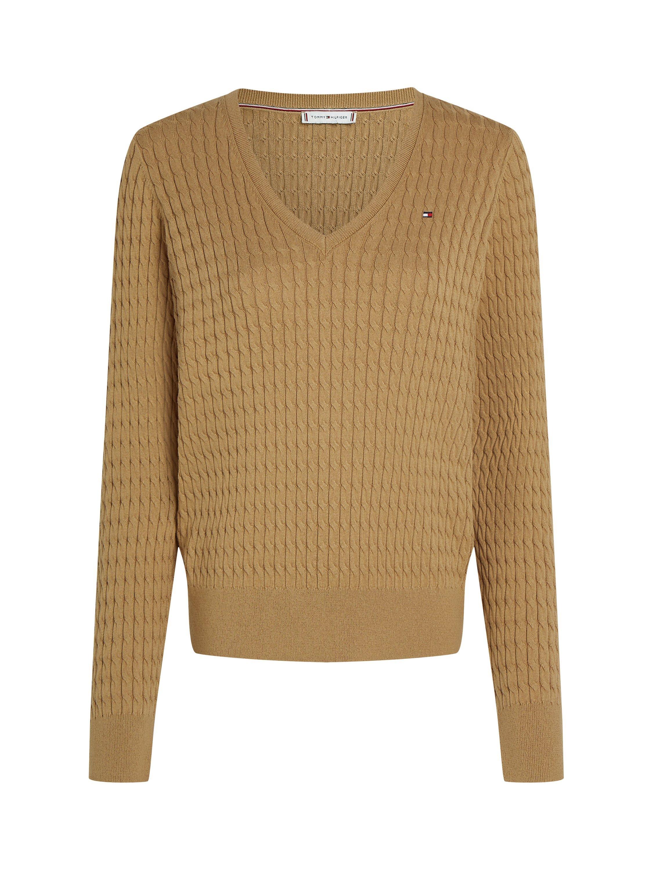 Product image 4 of 6, which shows Tommy Hilfiger Cable V-Neck Pure Organic Cotton Jumper, Safari Canvas, S