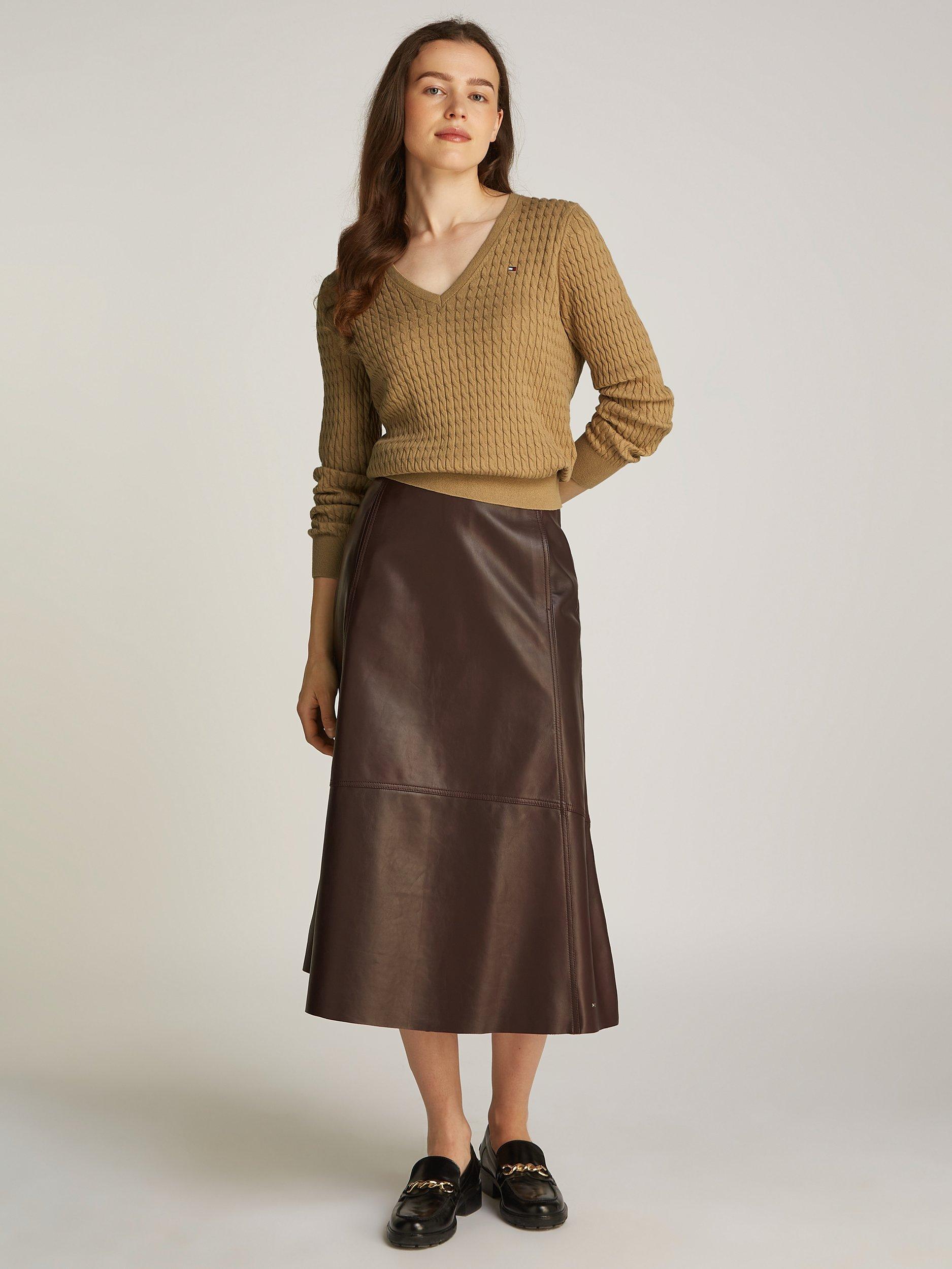 Product image 6 of 6, which shows Tommy Hilfiger Cable V-Neck Pure Organic Cotton Jumper, Safari Canvas, S