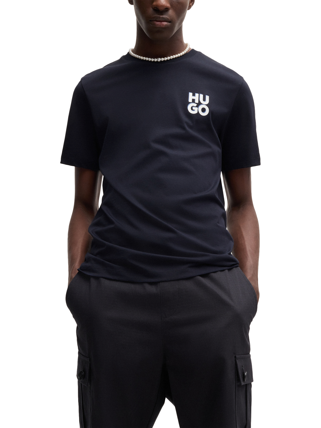 Product image 1 of 5, which shows HUGO Logo Cotton Crew Neck T-Shirt, Dark Blue, S