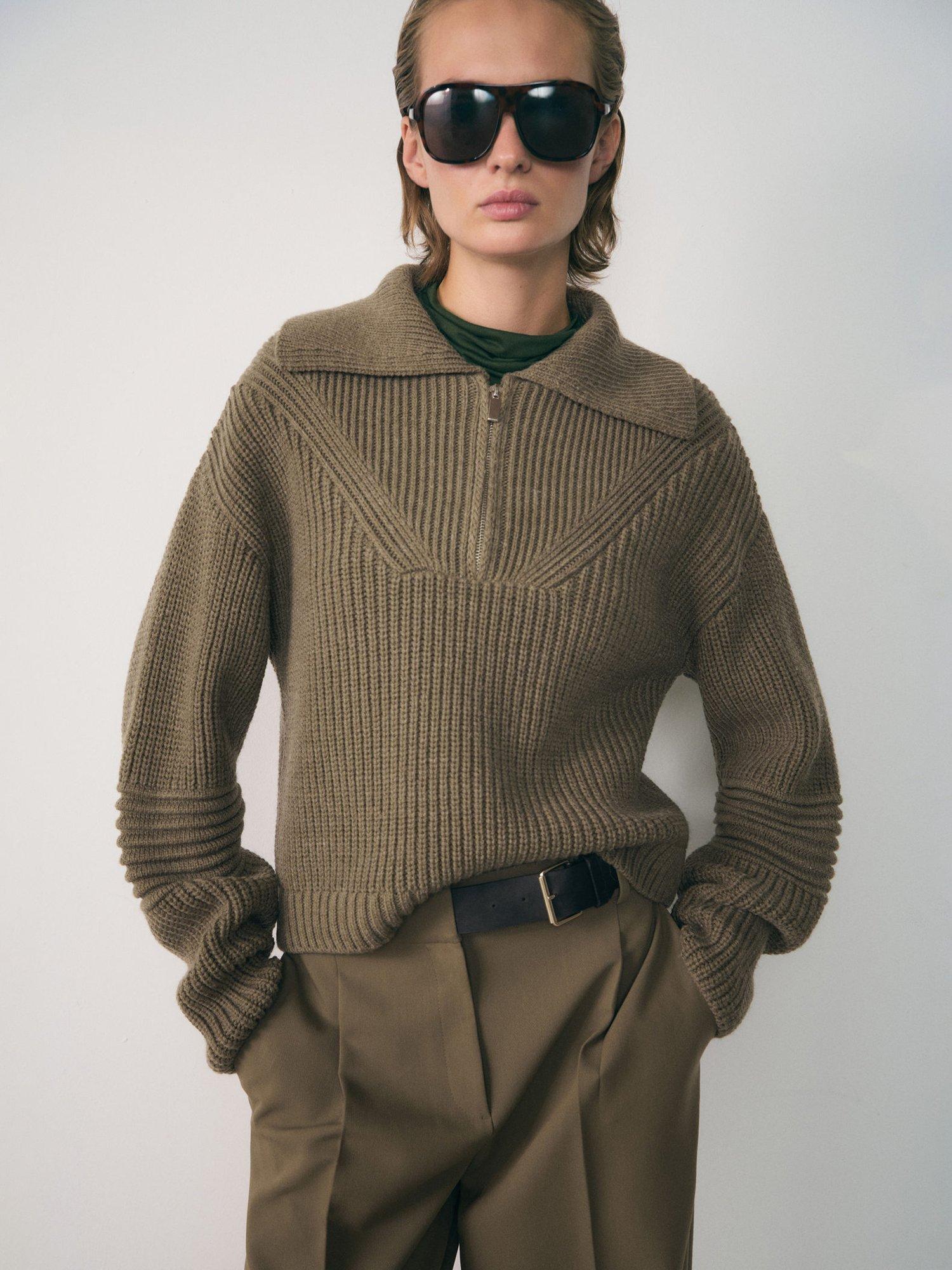 Mango Demy Textured Zip Neck Jumper, Khaki