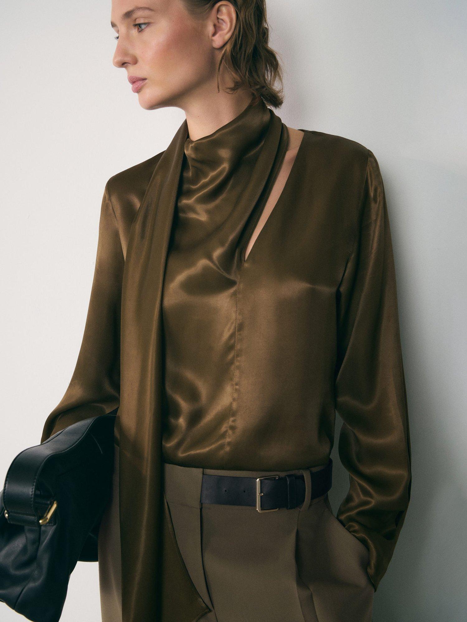Mango Laza Tie Neck Top, Khaki