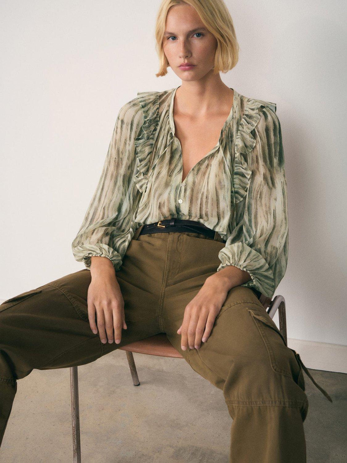 Mango Siena Abstract Ruffle Blouse, Green