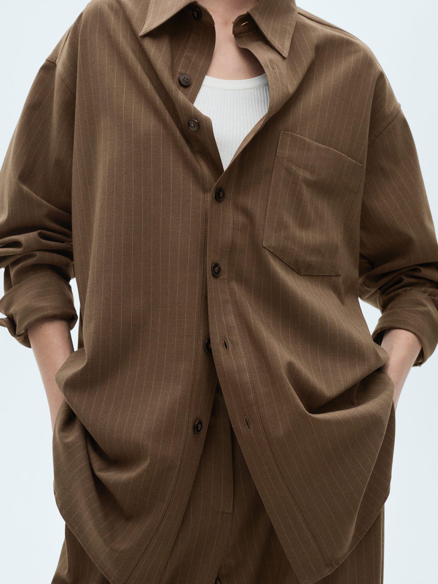 Product image 1 of 8, which shows Mango Pinstripe Overshirt, Dark Green, 8