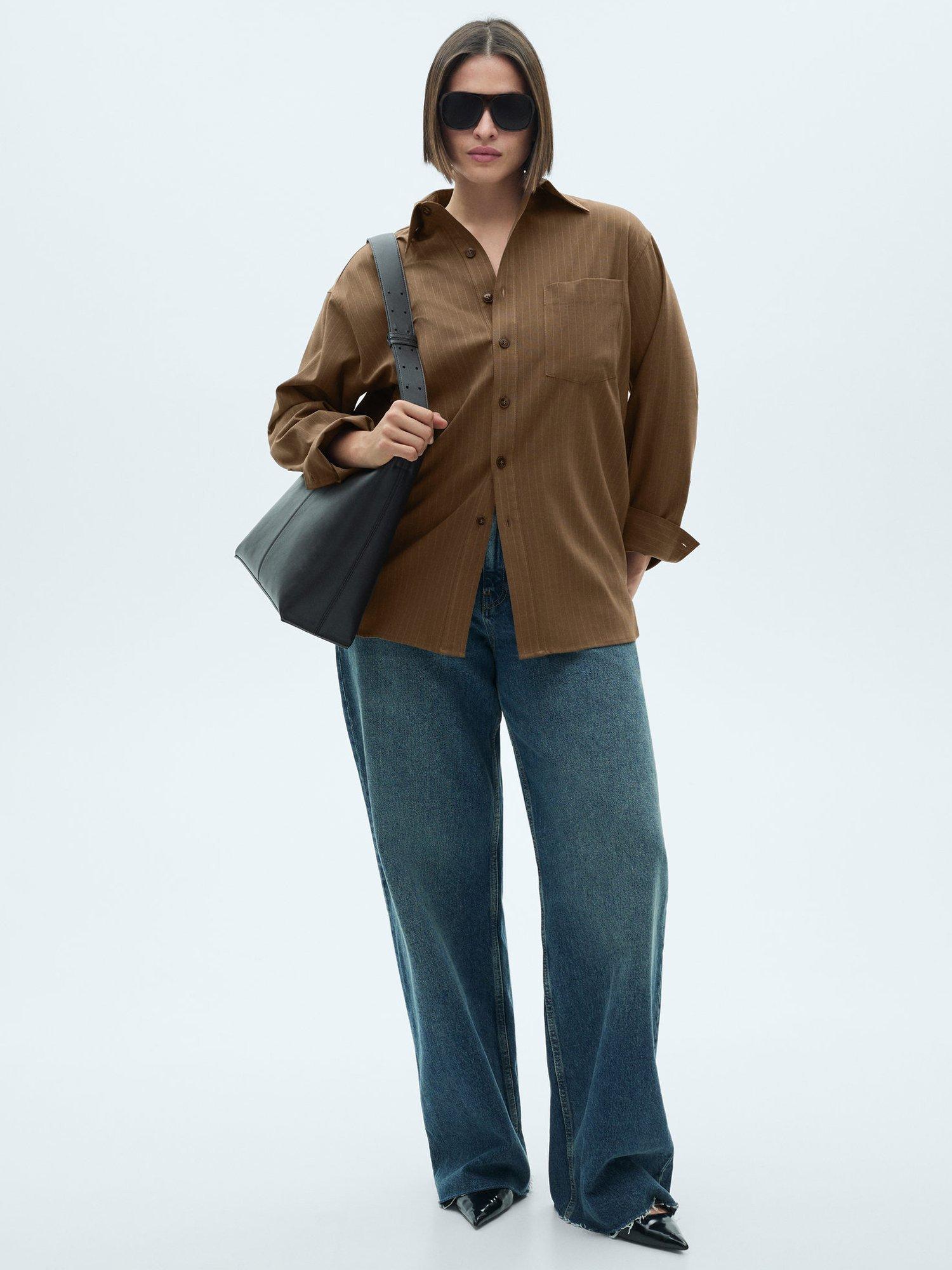 Product image 7 of 8, which shows Mango Pinstripe Overshirt, Dark Green, 8