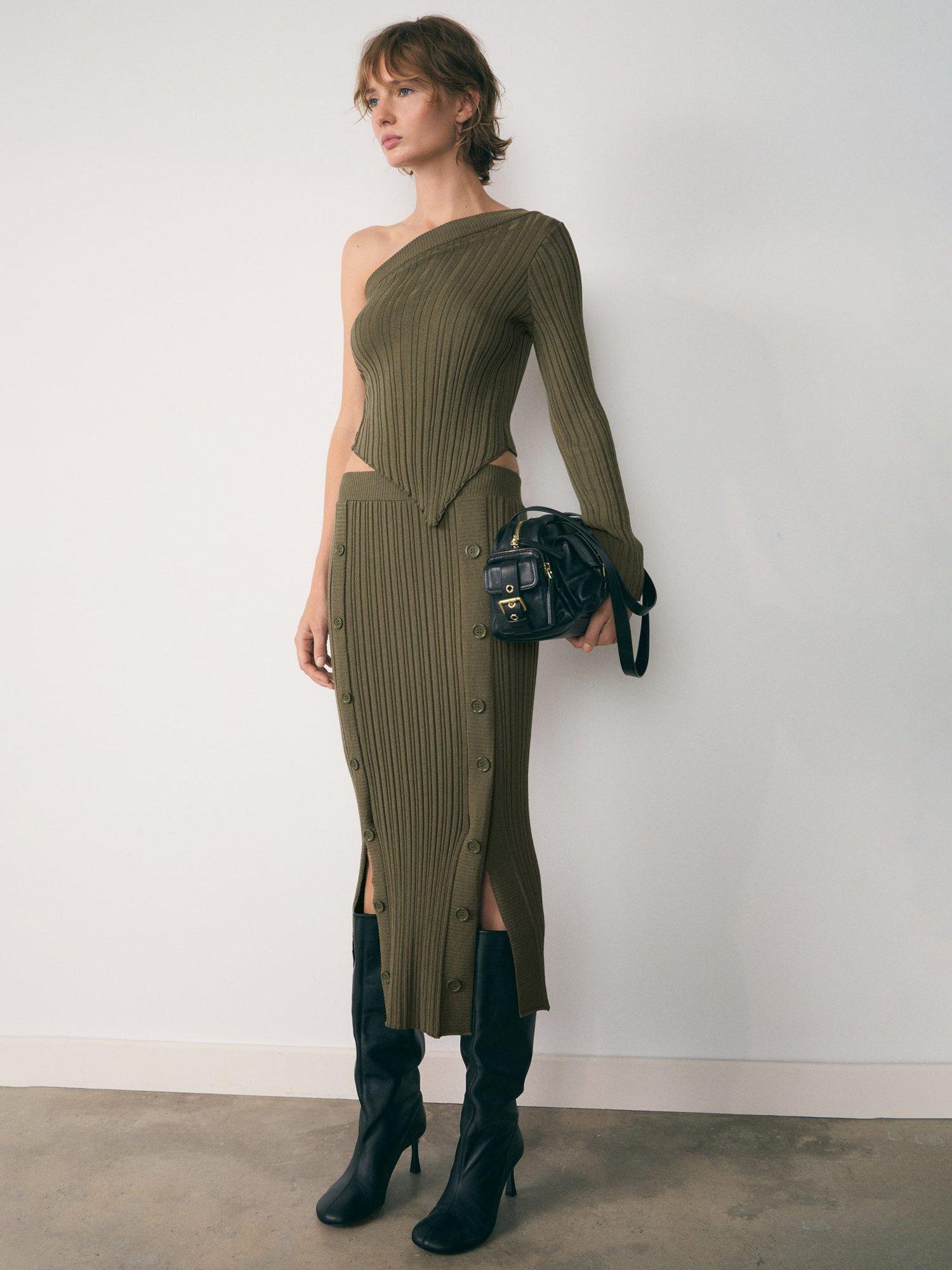 Product image 1 of 4, which shows Mango Sally Rib Knit Skirt, Khaki, L