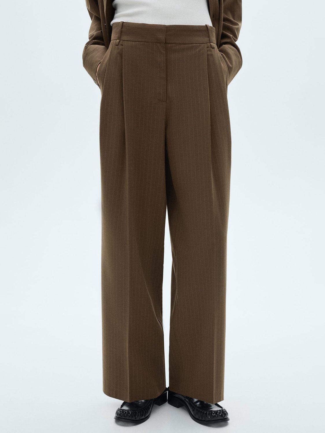 Mango Pinstripe Wide Leg Trousers, Dark Green