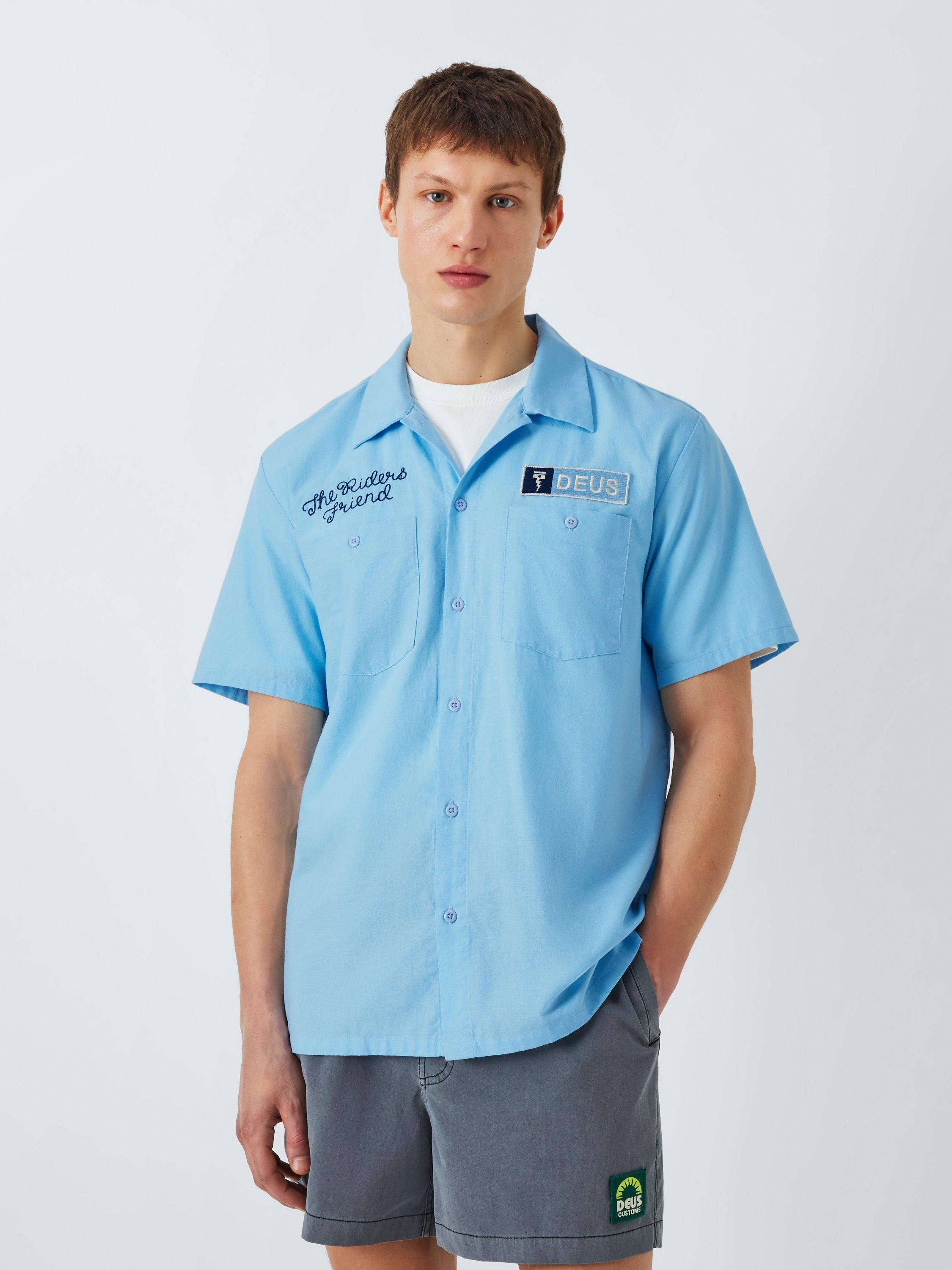 Product image 2 of 6, which shows Deus ex Machina Forecourt Cotton Blend Regular Fit Plain Logo Shirt, Sky Blue, L