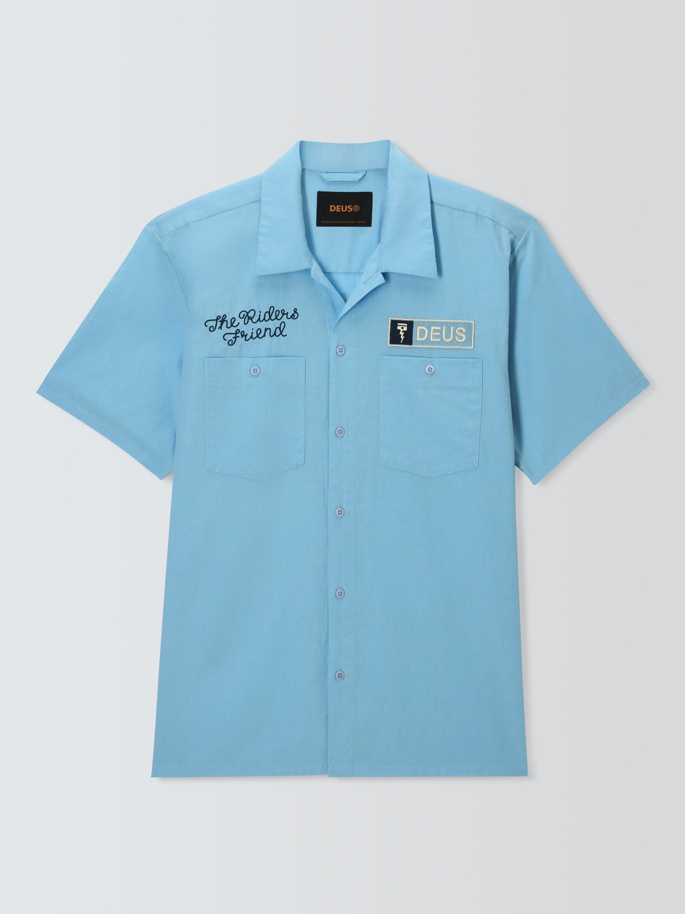 Product image 1 of 6, which shows Deus ex Machina Forecourt Cotton Blend Regular Fit Plain Logo Shirt, Sky Blue, L