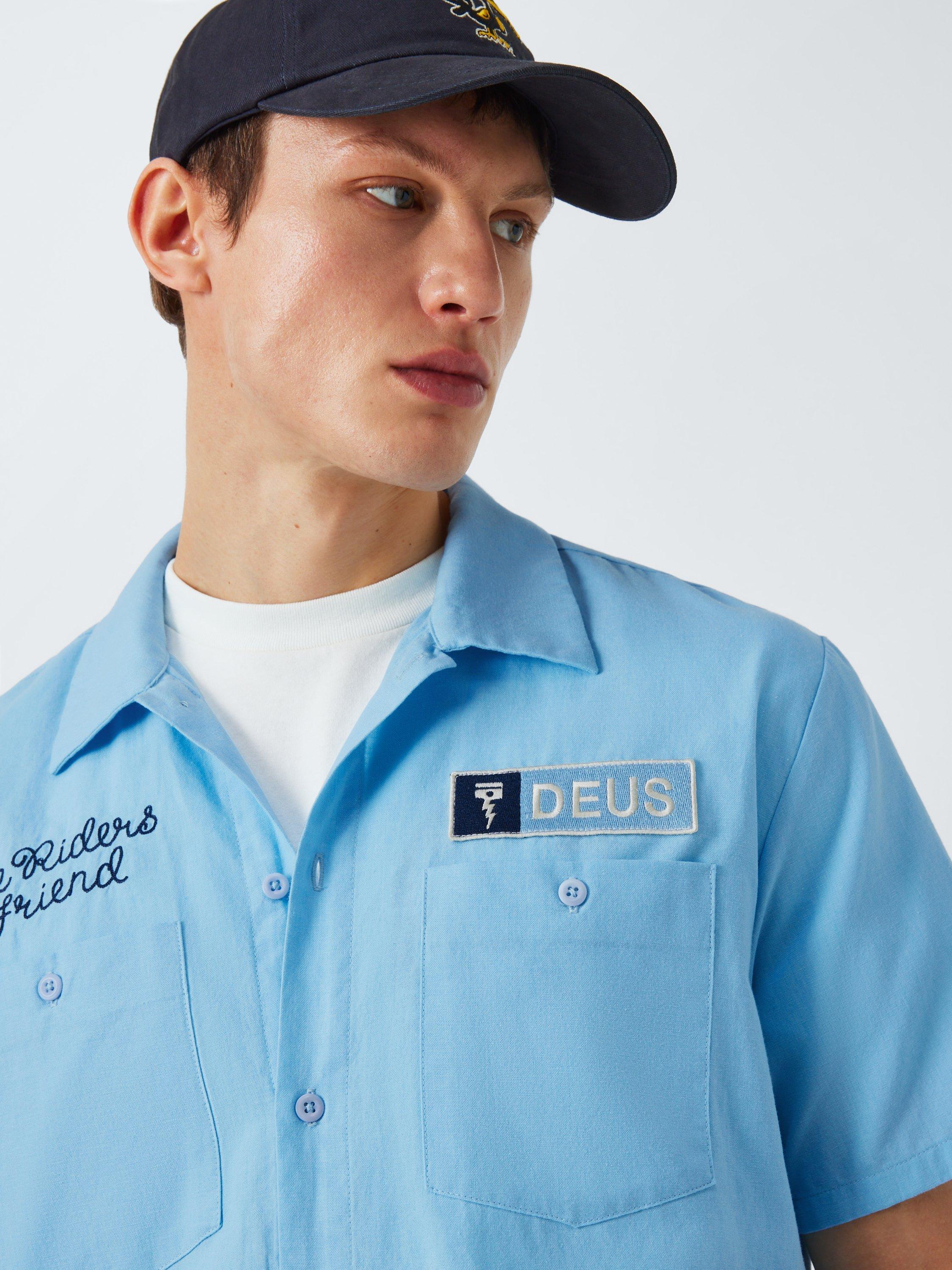 Product image 5 of 6, which shows Deus ex Machina Forecourt Cotton Blend Regular Fit Plain Logo Shirt, Sky Blue, L