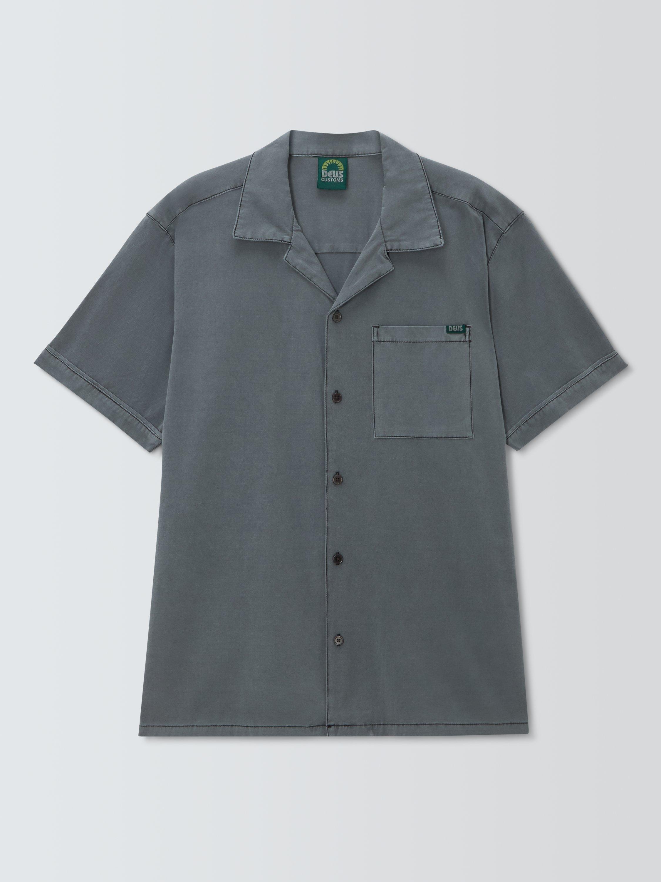 Product image 1 of 6, which shows Deus ex Machina Remi Relaxed Fit Resort Collar Short Sleeve Shirt, Anthracite, L