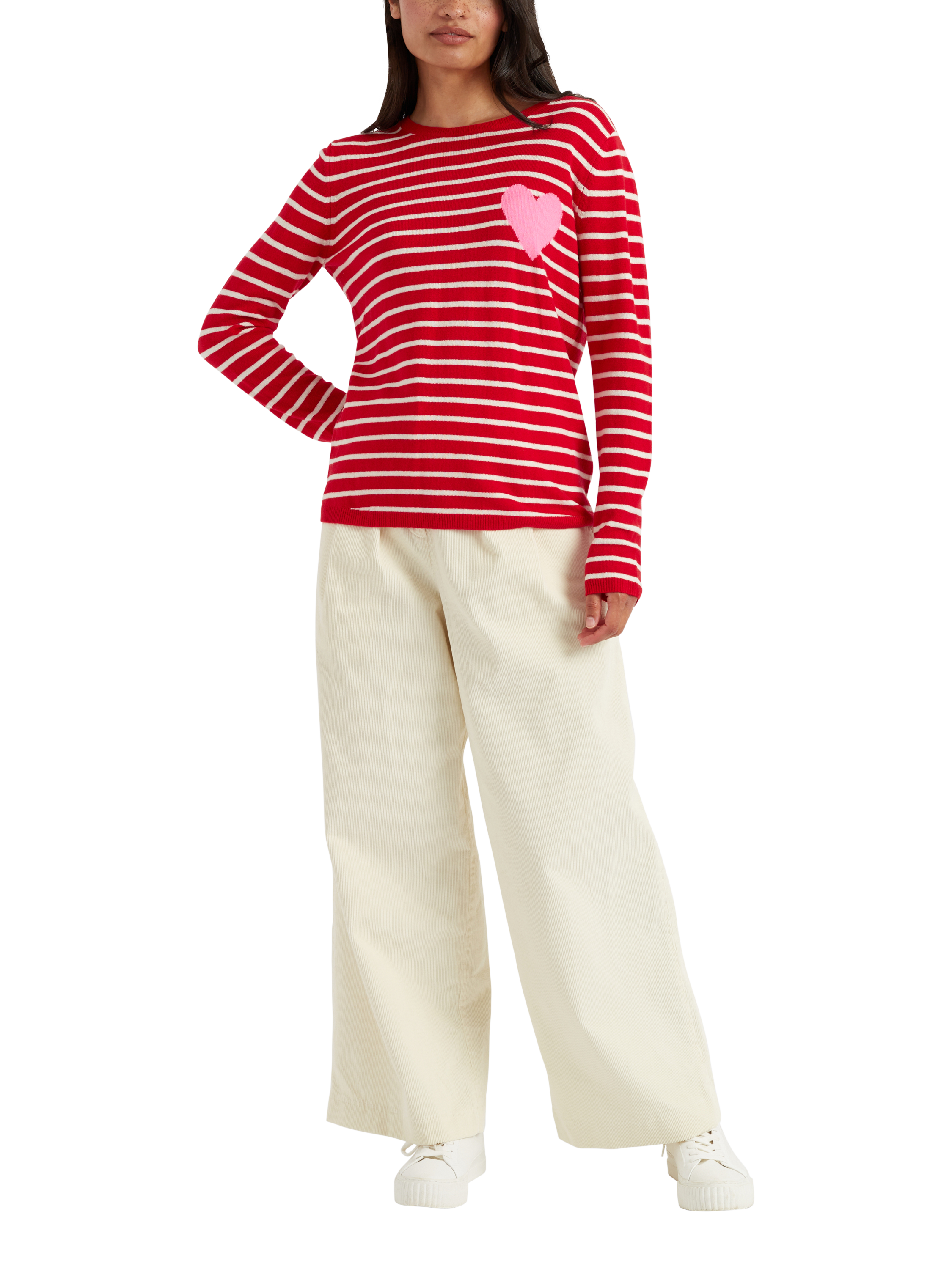Product image 1 of 3, which shows Chinti & Parker Heart Breton Stripe Wool Rich Jumper, Velvet Red, XS