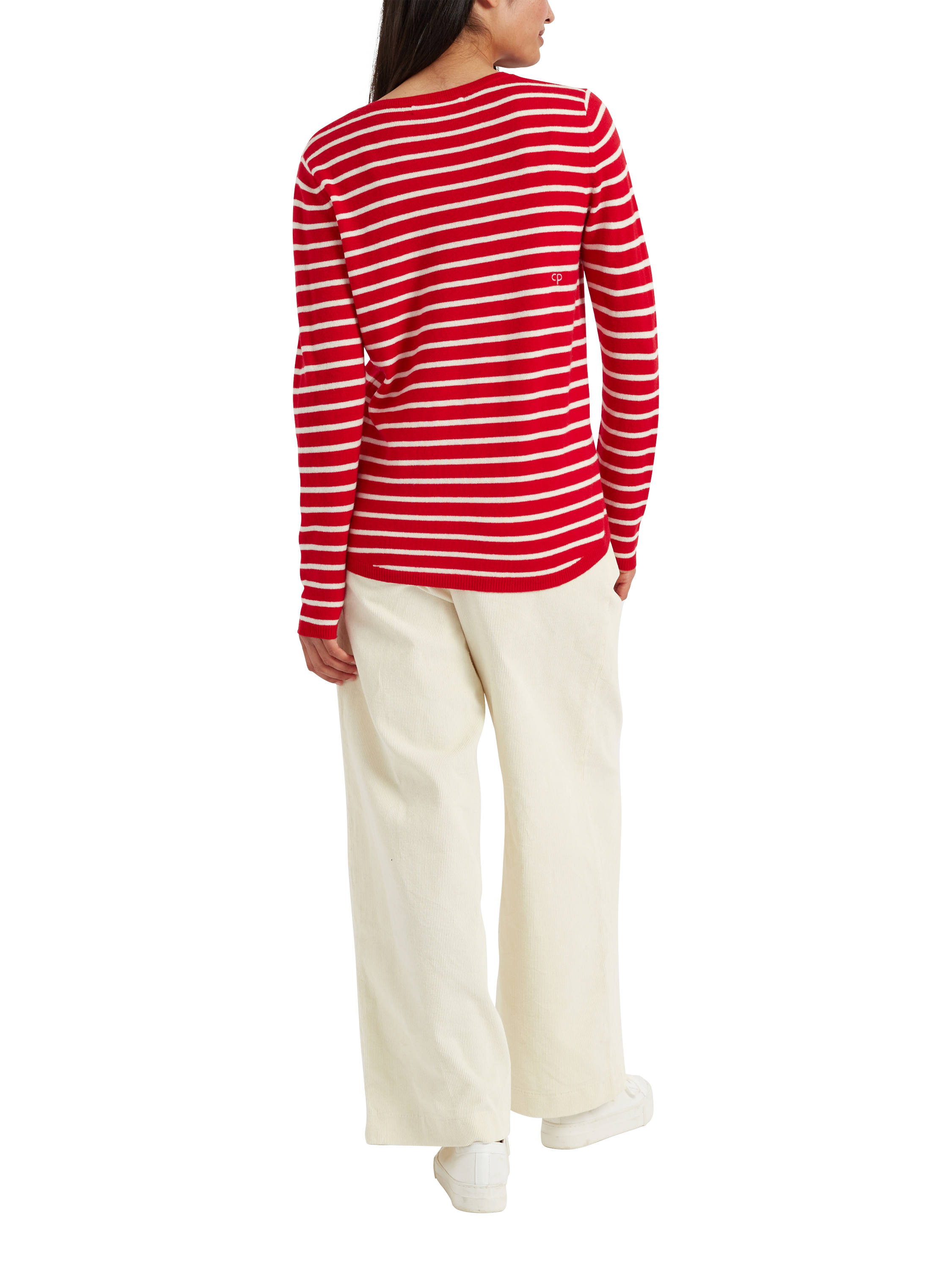 Product image 2 of 3, which shows Chinti & Parker Heart Breton Stripe Wool Rich Jumper, Velvet Red, XS