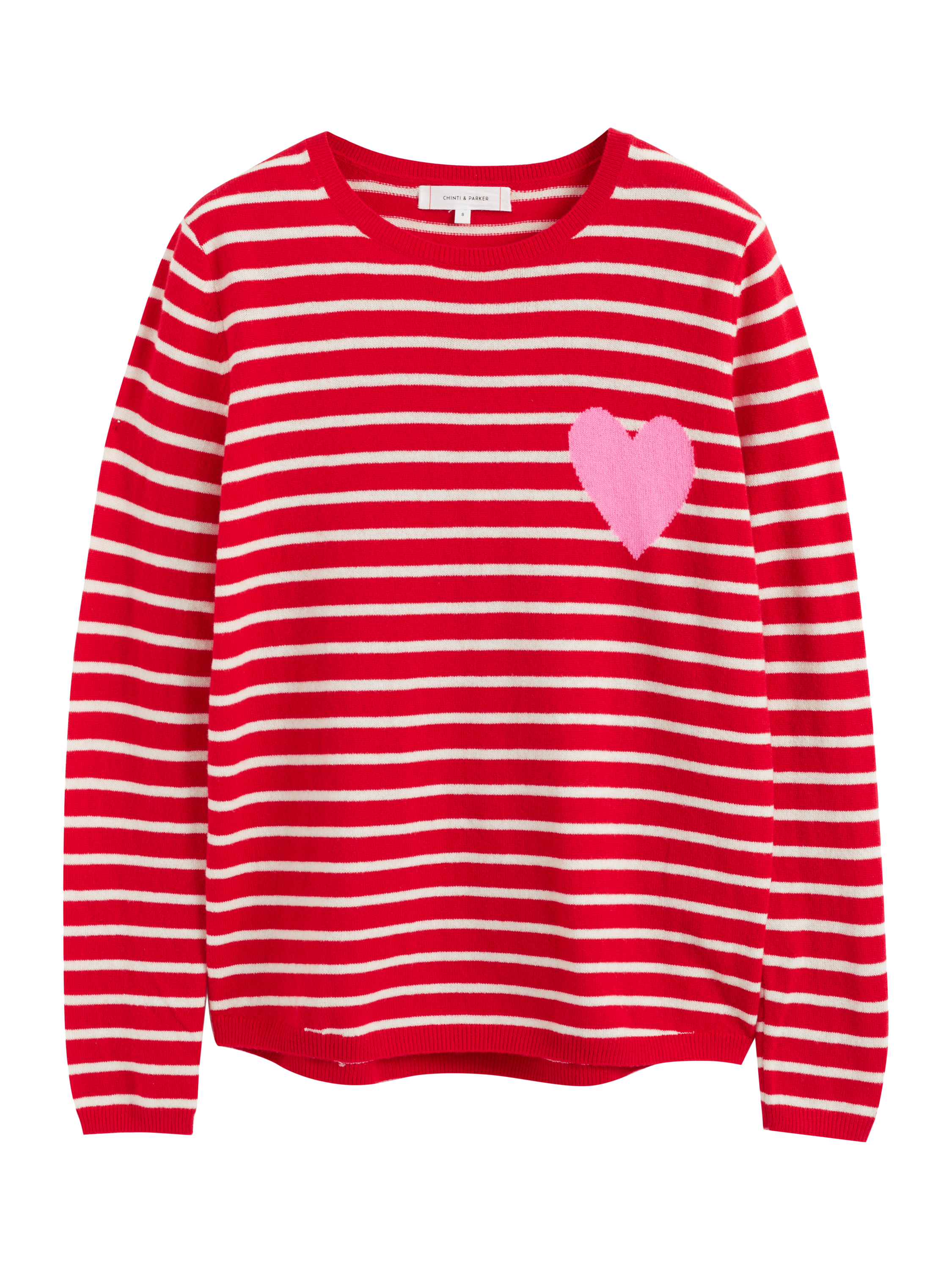 Product image 3 of 3, which shows Chinti & Parker Heart Breton Stripe Wool Rich Jumper, Velvet Red, XS