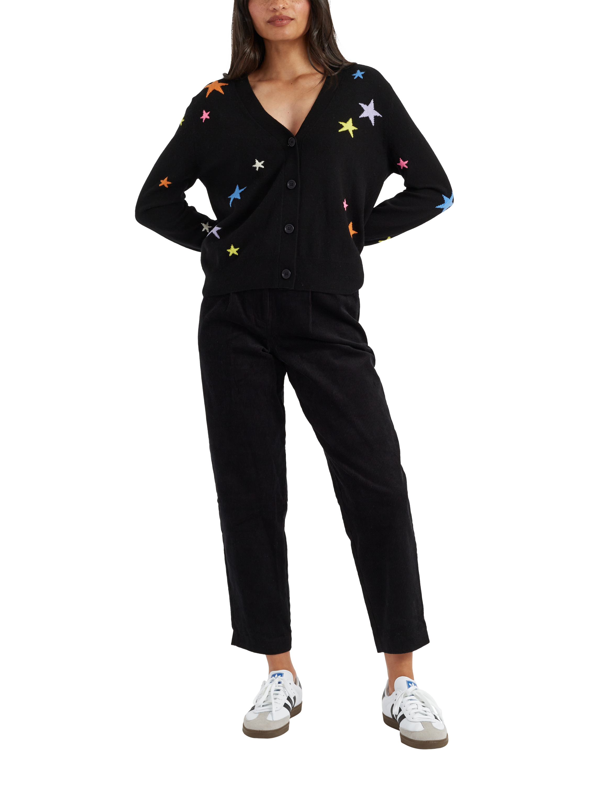 Product image 1 of 3, which shows Chinti & Parker Stars Intarsia Wool Rich Cardigan, Black/Multi, XS