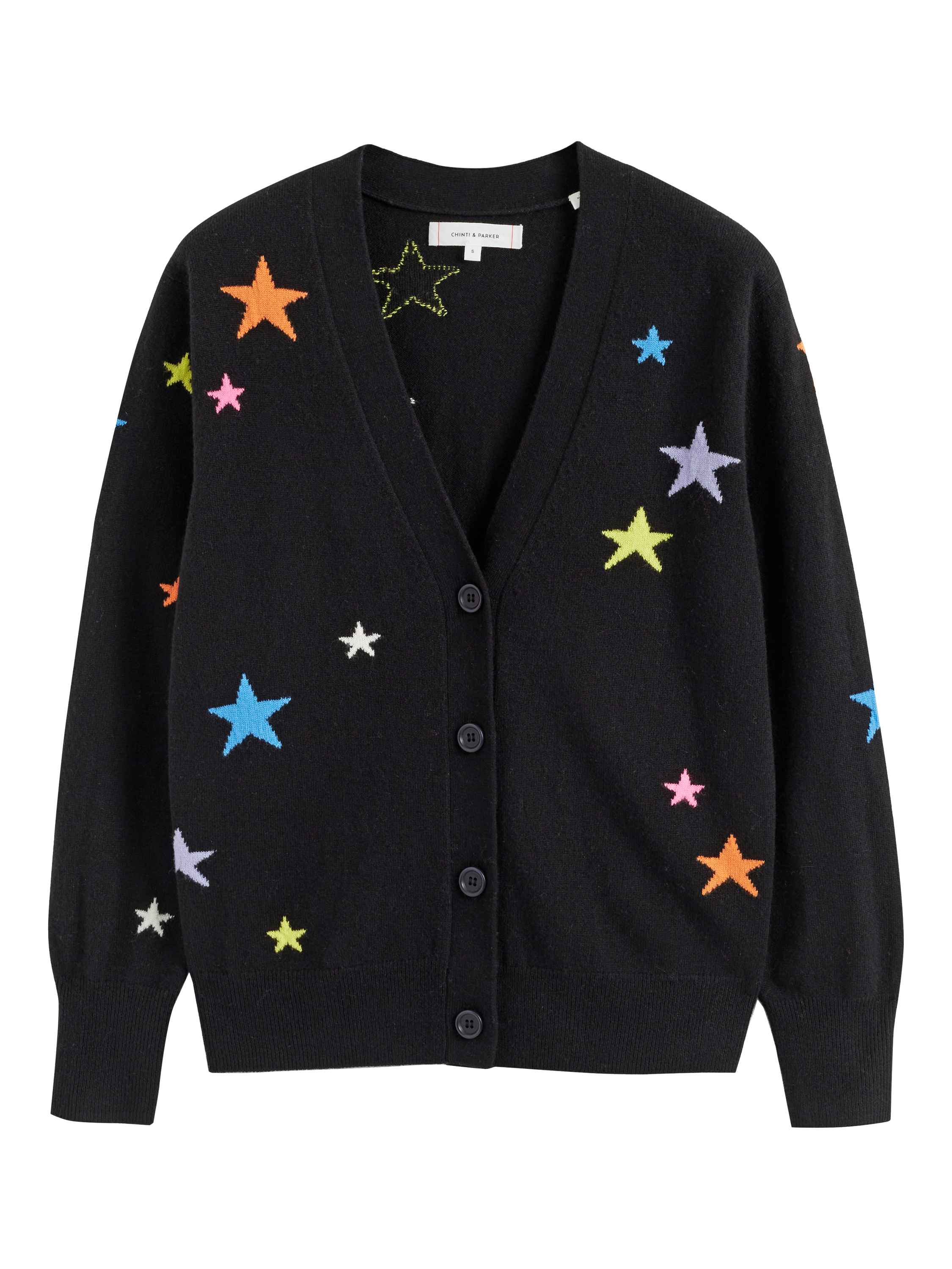 Product image 3 of 3, which shows Chinti & Parker Stars Intarsia Wool Rich Cardigan, Black/Multi, XS