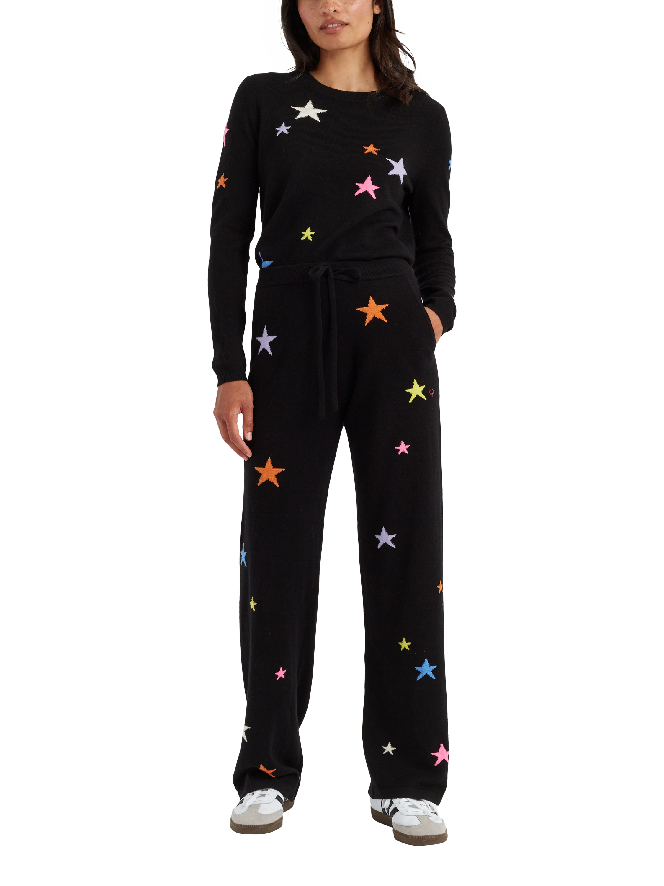 Product image 1 of 3, which shows Chinti & Parker Wool & Cashmere Blend Star Wide Leg Joggers, Black/Multi, XS