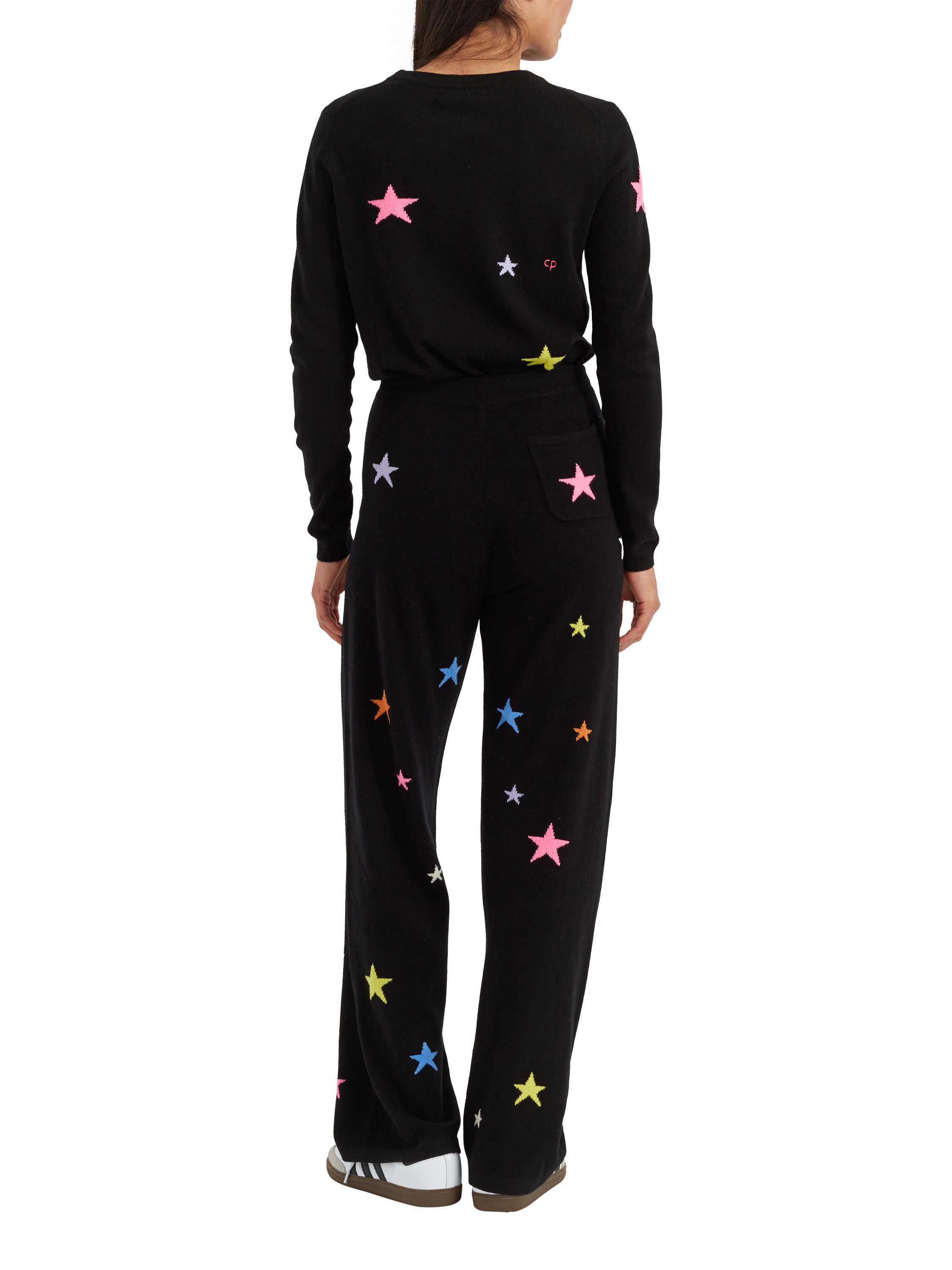 Product image 2 of 3, which shows Chinti & Parker Wool & Cashmere Blend Star Wide Leg Joggers, Black/Multi, XS