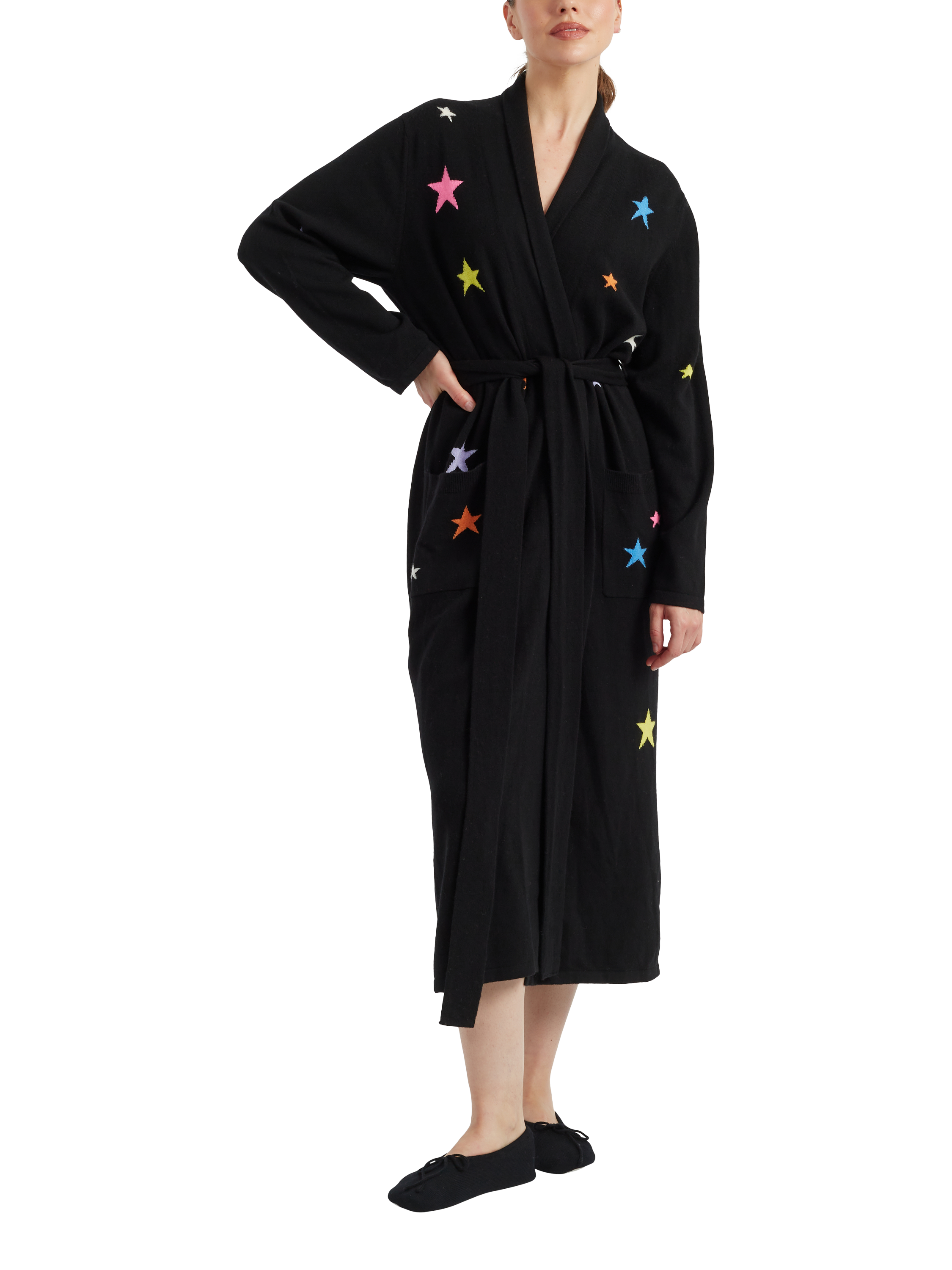 Product image 1 of 3, which shows Chinti & Parker Stars Wool Rich Dressing Gown, Black/Multi, M-L