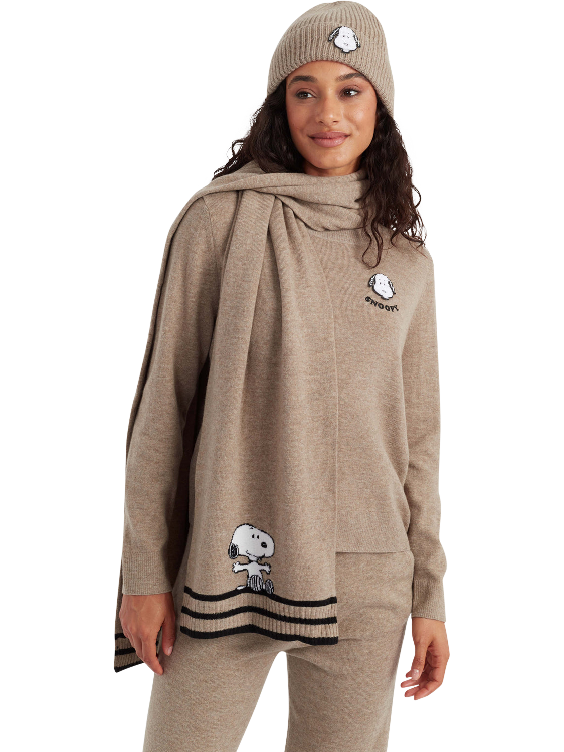 Product image 1 of 2, which shows Chinti & Parker Snoopy & Woodstock Wool Rich Scarf, Soft Truffle