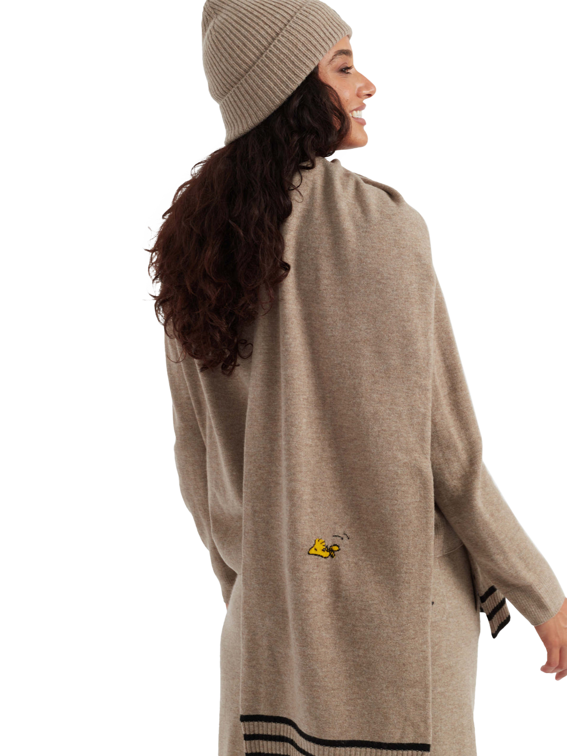 Product image 2 of 2, which shows Chinti & Parker Snoopy & Woodstock Wool Rich Scarf, Soft Truffle