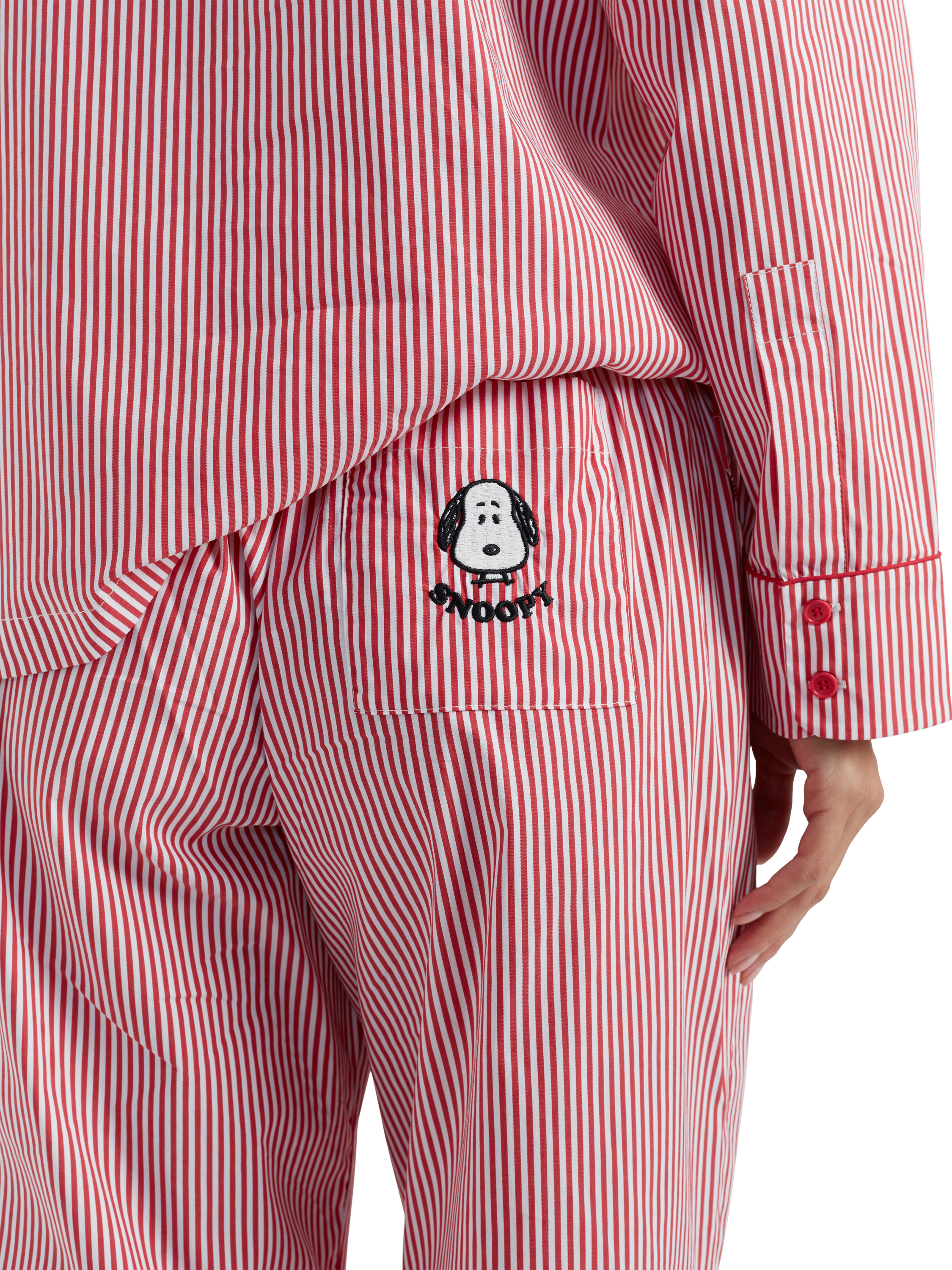 Product image 4 of 4, which shows Chinti & Parker Snoopy Stripe Pyjama Set, Red/White, 6
