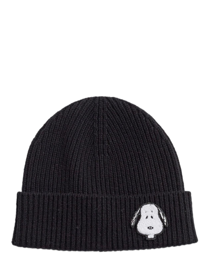 Product image 1 of 3, which shows Chinti & Parker Snoopy Rib Knit Beanie Hat, Black