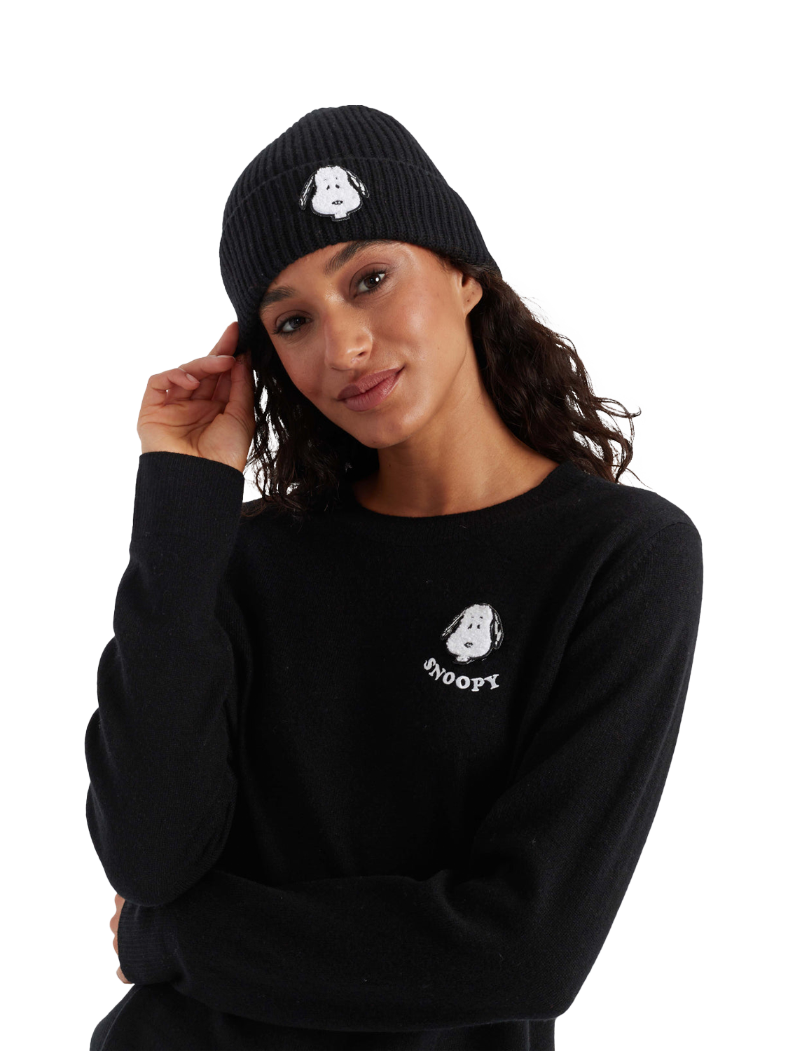 Product image 2 of 3, which shows Chinti & Parker Snoopy Rib Knit Beanie Hat, Black