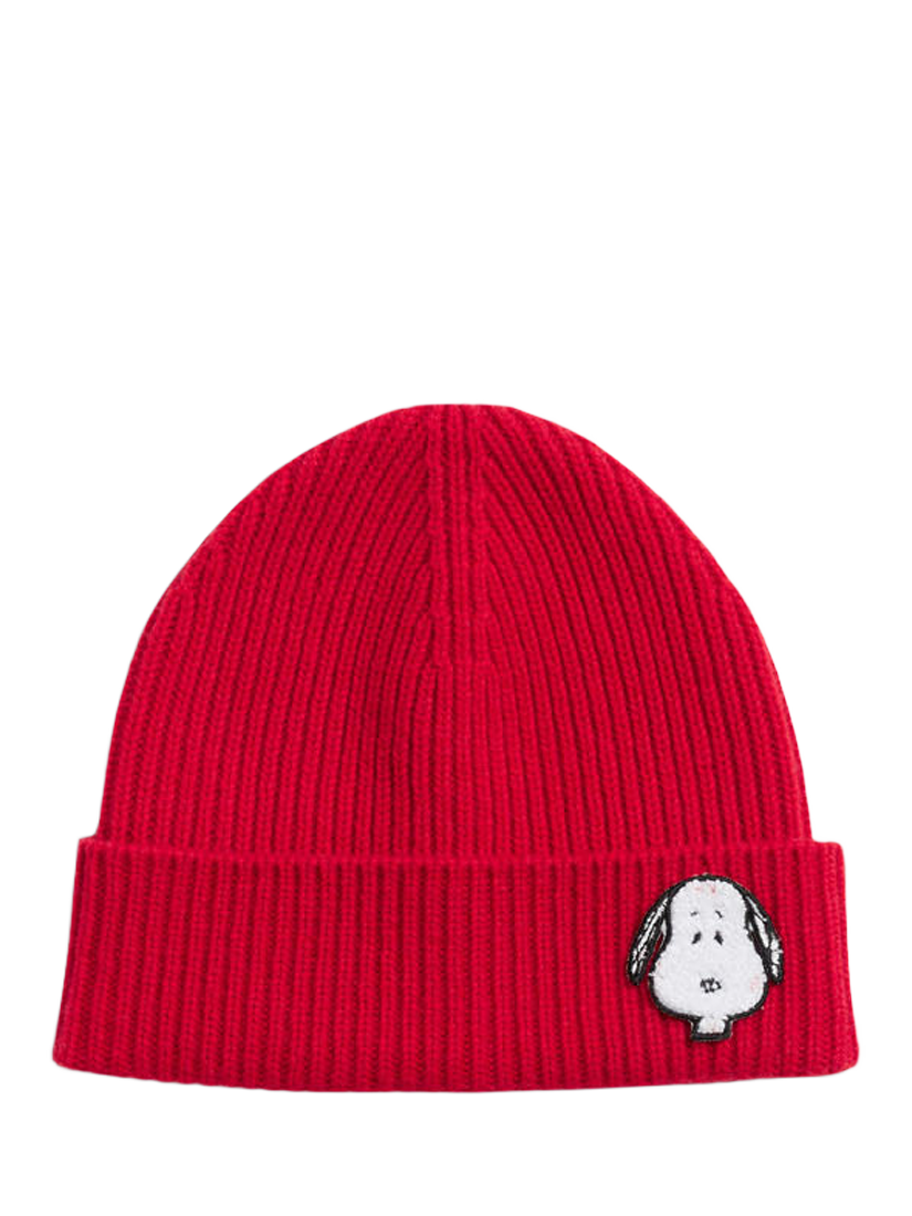 Product image 1 of 2, which shows Chinti & Parker Snoopy Rib Knit Beanie Hat, Velvet Red